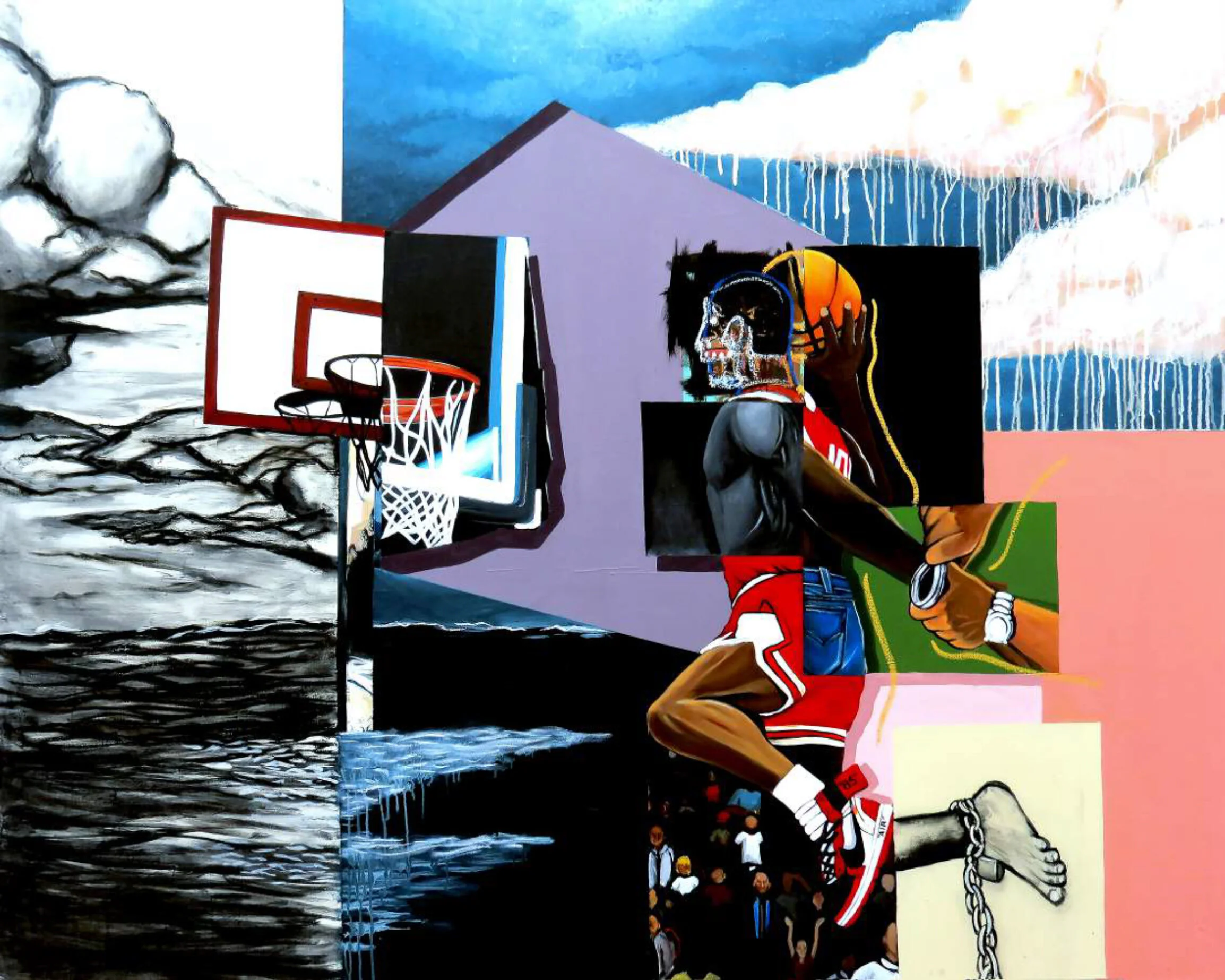 MALIK ROBERTS Hoop Dreams, 2017  Oil, acrylic, charcoal  48 x 60 in