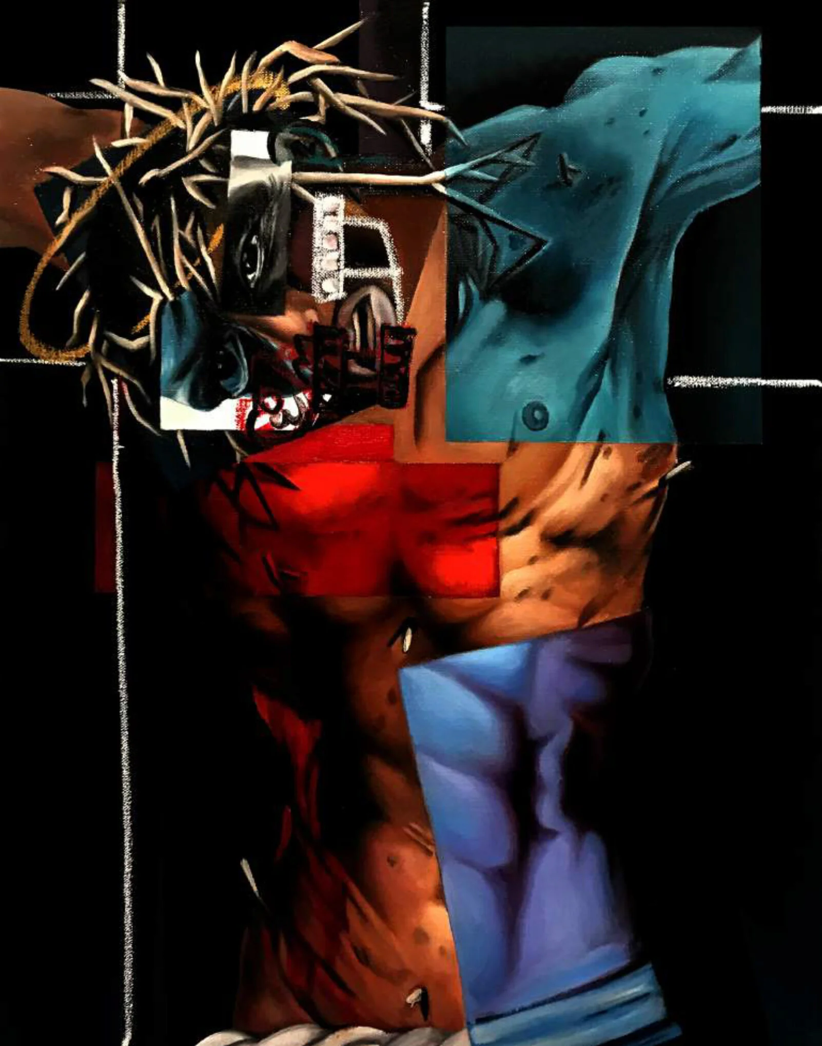 MALIK ROBERTS Crucifixion of a Blk Man, 2018  Oil, acrylic and pastel on canvas 18 x 24 in
