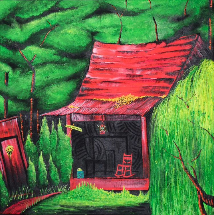VERNON O'MEALLY House of the Rising Sun, 2018 Acrylic, charcoal, spray paint, and tempera on raw canvas 36 × 36 in 91.4 × 91.4 cm