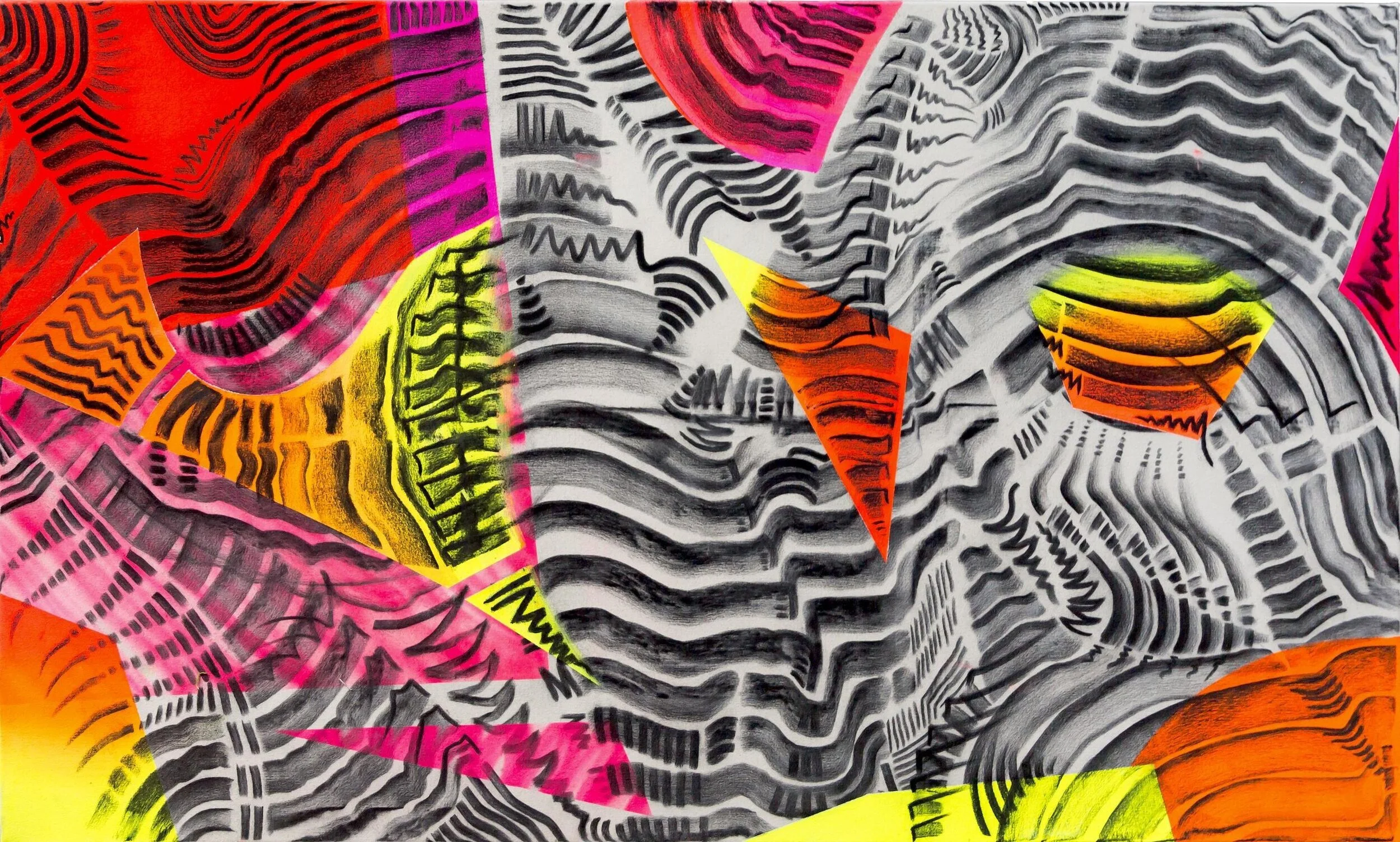 VERNON O'MEALLY Her Rattling Cough Never Shuts Off, 2018 Acrylic, charcoal, and spray paint on raw canvas 36 × 60 in 91.4 × 152.4 cm