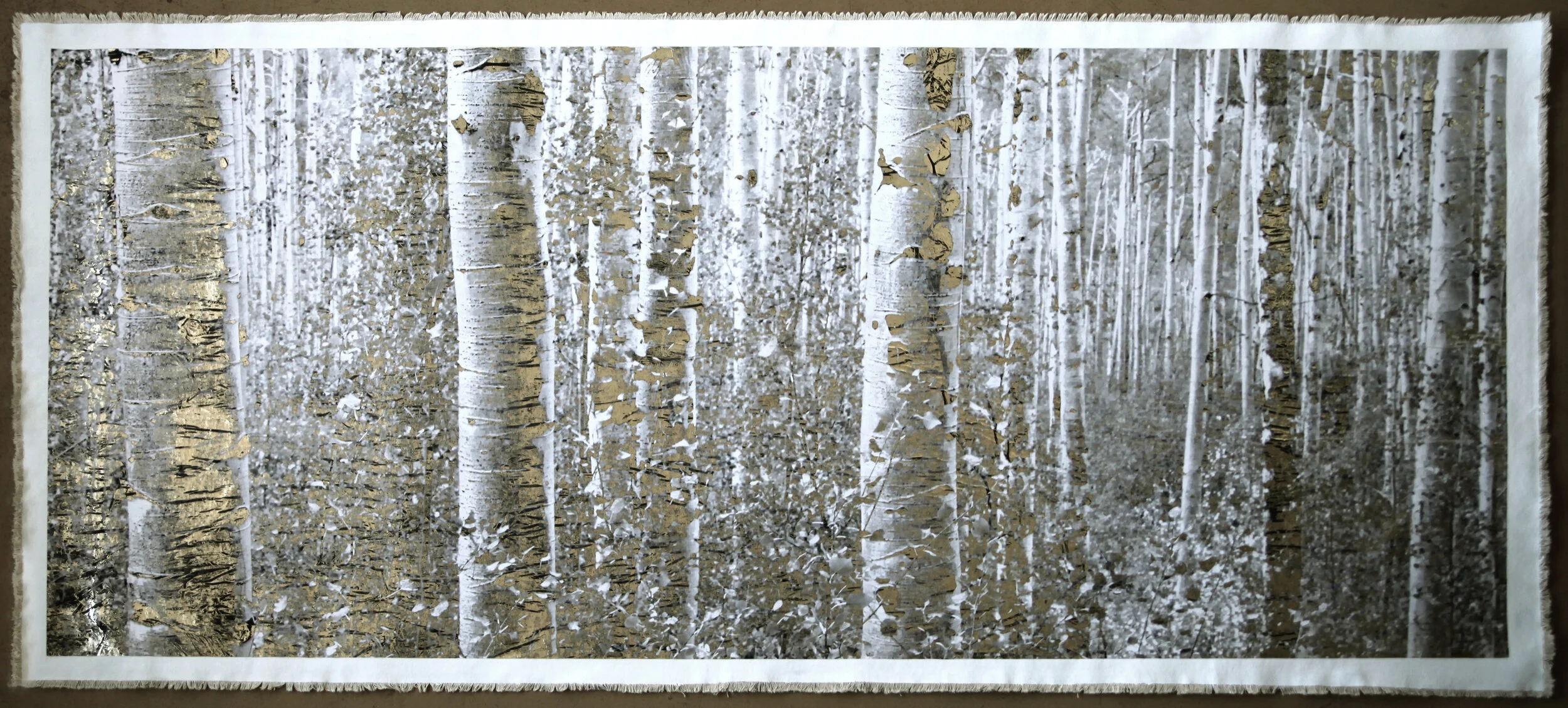 BILL CLAPS Aspen Forest, Maroon Bells, 2017 Mixed media with gold foil on canvas 50 x 33 in