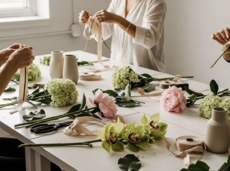 People arranging flowers on a table for a floral arrangement workshop.
