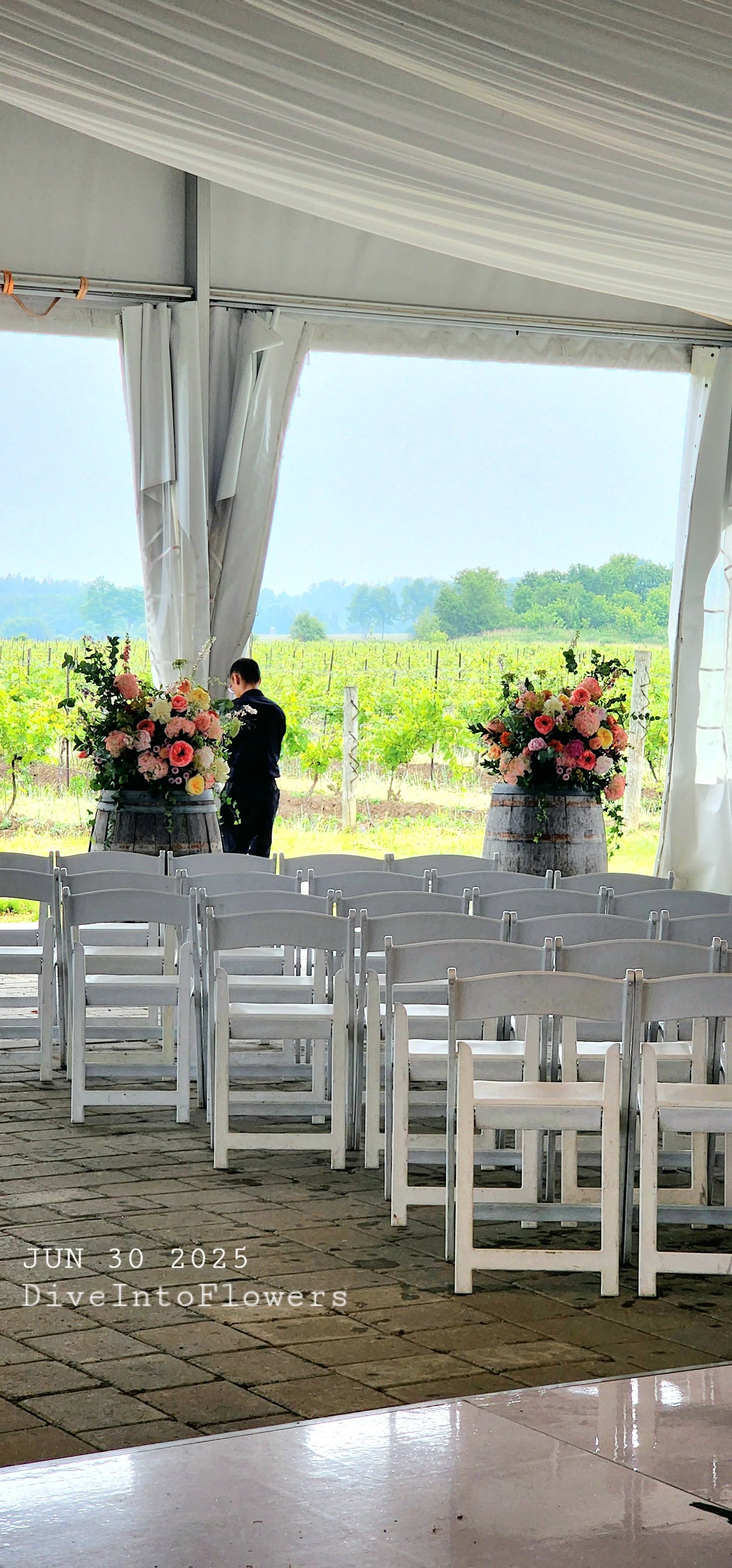 Empty white chairs facing a backdrop of vineyards with large flower arrangements on barrels, inside a tent set up for a wedding, with a person standing by the flowers, date June 30, 2025, and the text DiveIntoFlowers.