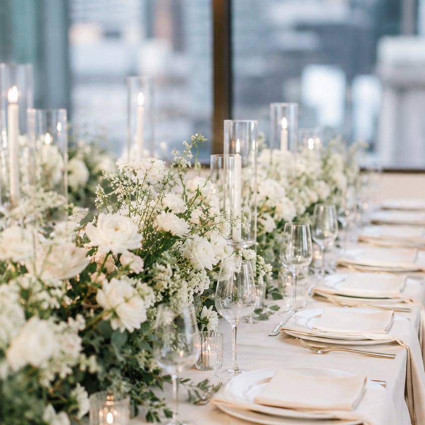 Elegant banquet table decorated with white flowers, tall glass candle holders, wine glasses, and place settings in a bright, modern room.