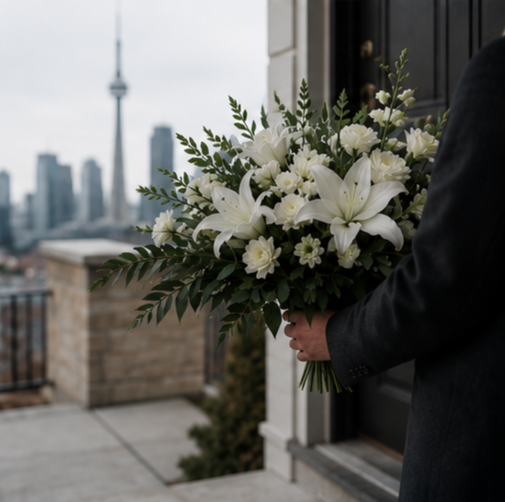 Person holding a bouquet of white lilies and other white flowers with greenery, standing outside a building with a city skyline in the background, including the CN Tower.