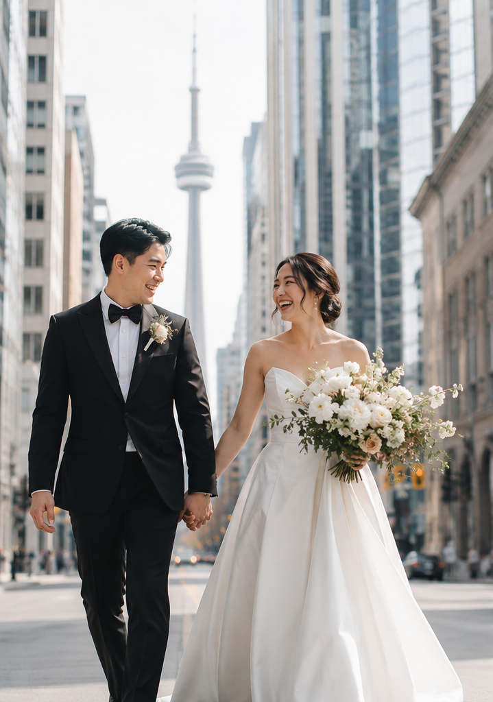 A bride and groom walking hand in hand on a city street, with the CN Tower in Toronto in the background, smiling at each other.