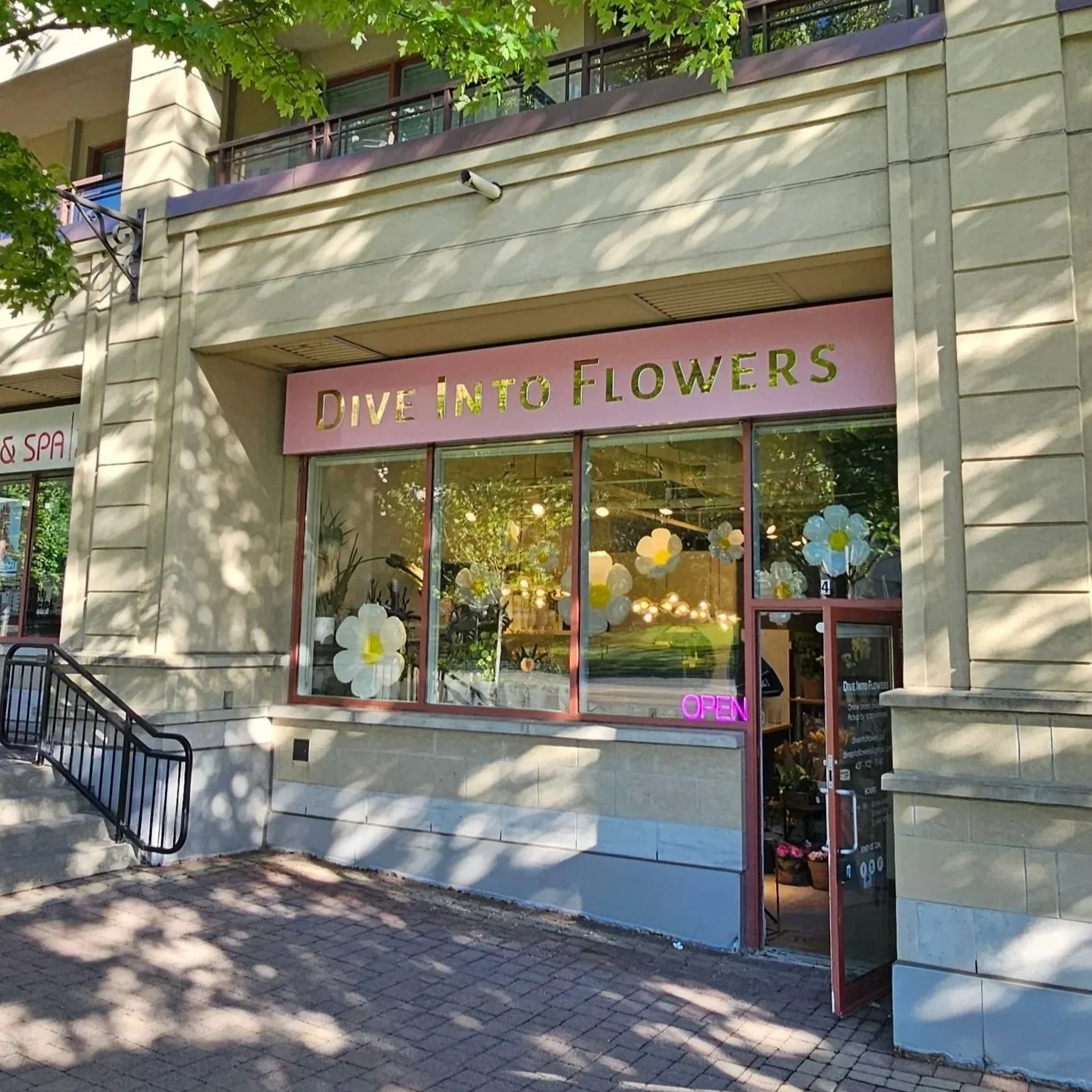 Front view of a flower shop with large window display decorated with white paper flowers and a pink sign that says 'Dive Into Flowers'. There is a neon sign that says 'Open' in the window. Outside, the sidewalk is shaded by trees.