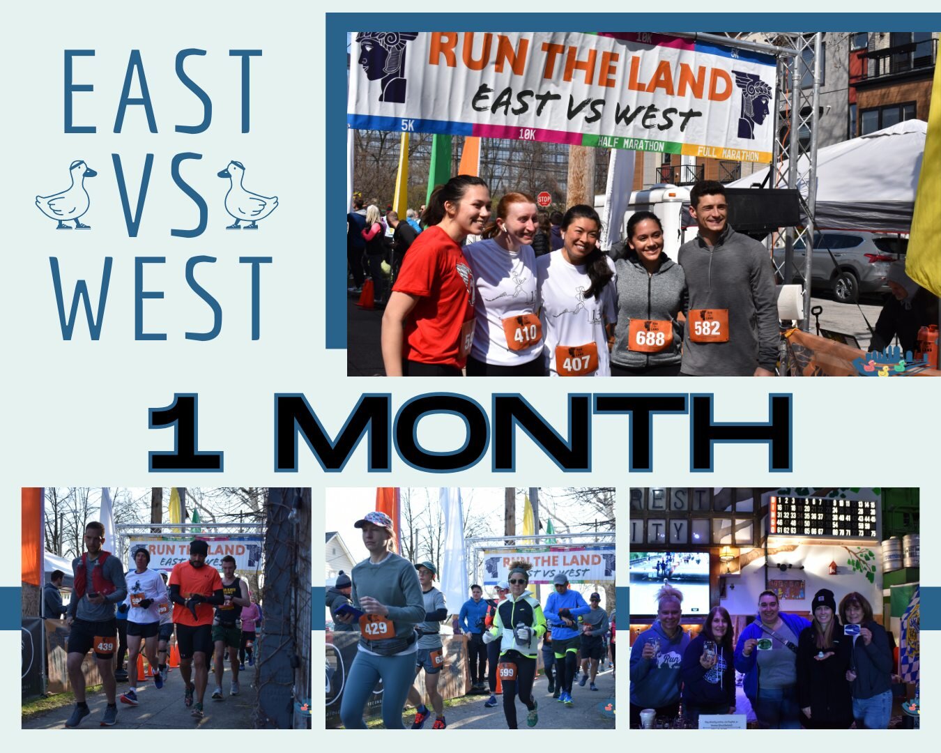 The East Vs West is just 1 MONTH away!

This is the perfect event for your spring training goals!

Choose to run the: Marathon, 20 Mile, Half Marathon, 10K, or 5K on Saturday, April 6, which starts &amp; ends at Forest City Brewery 🍻

This is a rule