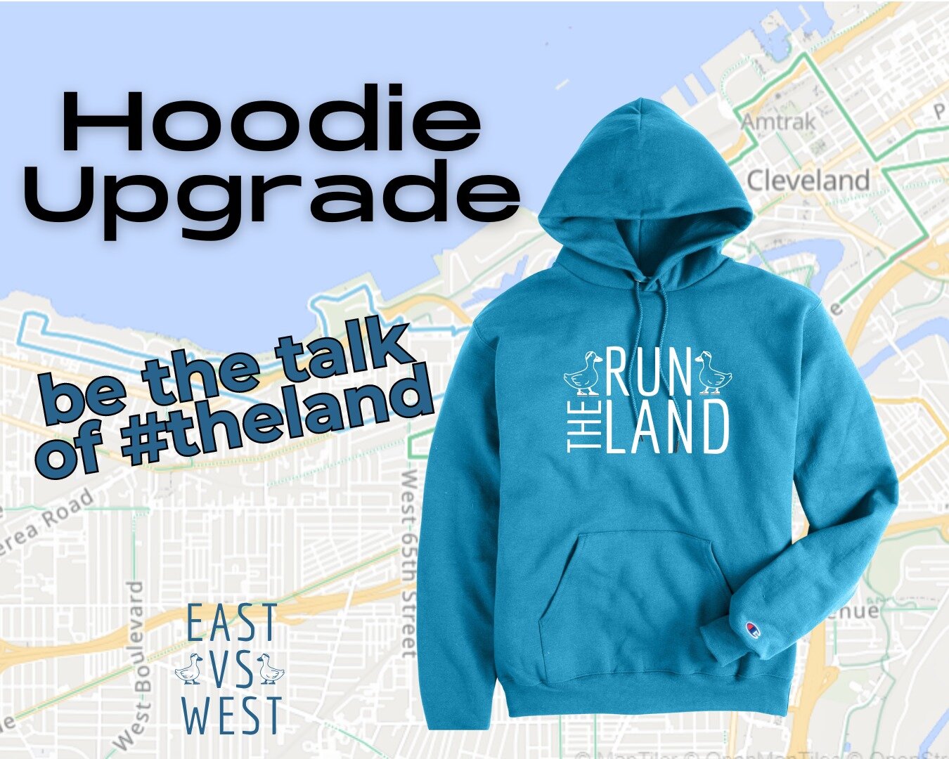 Get this custom Run the Land hoodie at the East vs West event on Saturday, April 6.

How can you get this hoodie? 
◾️ Fundraise $50 toward your charity of choice
OR
◾️During race registration, purchase the hoodie for an additional $40

Either way, yo