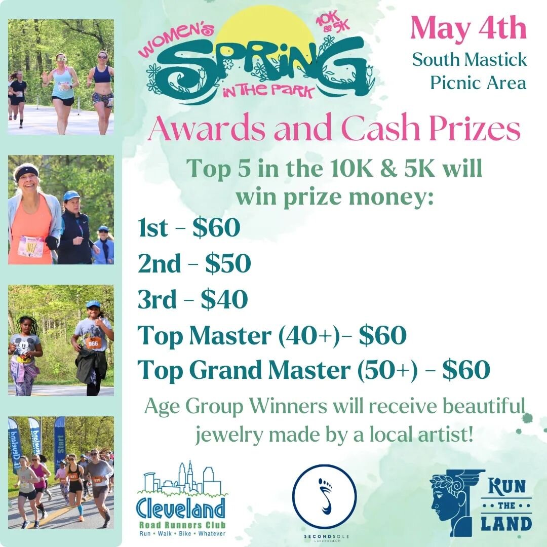 Did you know that Spring in the Park has cash prizes for the fastest women? Prizes for the top 3 overall winners, plus top master and top grand master for each event! 

🌱🌼 Join us May 4th for Spring in the Park a Women's only 10k and 5k in the Clev
