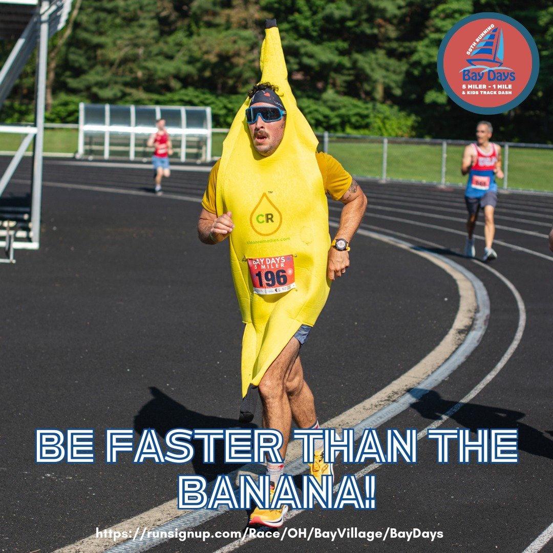 If the banana 🍌 shows up for the 50th Annual Bay Days 5 Miler, 1 Mile, &amp; Kids Track Dash, will you finish before it? 

There is only one way to find out ➡️ Sign up for Bay Days!

Register today for the 4th of July fun!

psst... the next price in