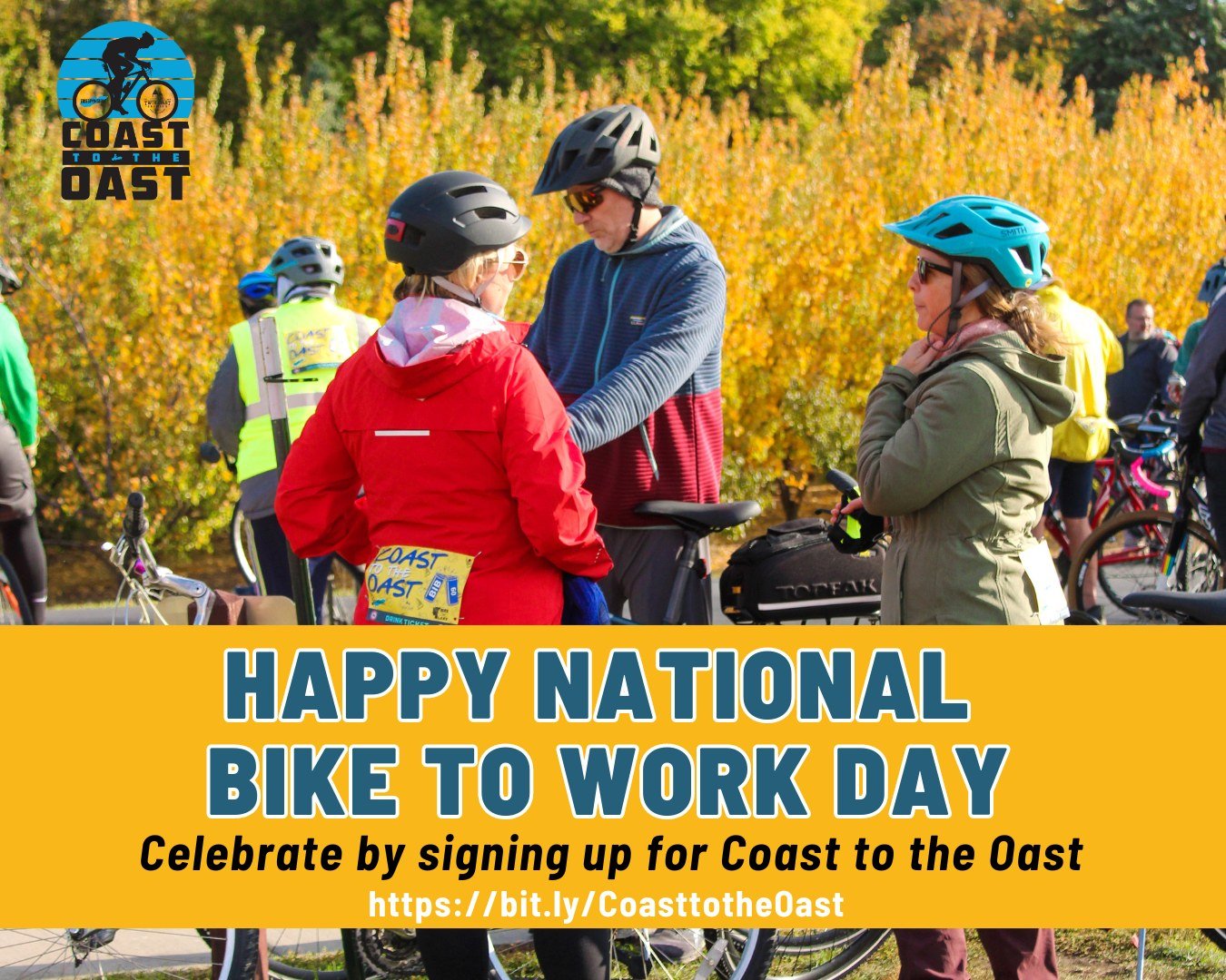 Today is National Bike to Work Day 🚲

Celebrate your two wheels by signing up for the Coast to the Oast event on Saturday, September 14!

Choose the 30-mile or 10-mile fully supported ride, which will be marked to help guide you around the scenic Ca