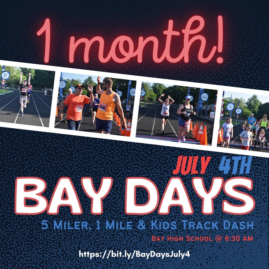 ⏳ The countdown is on! Only 1 month until the Bay Days 5 Miler, 1 Mile, &amp; Kids Track Dash! 🇺🇸

The 4th of July festivities are just around the corner, and we&rsquo;re ready to kick off the day with YOU! 🎆

What are the perks of signing up? 🤩
