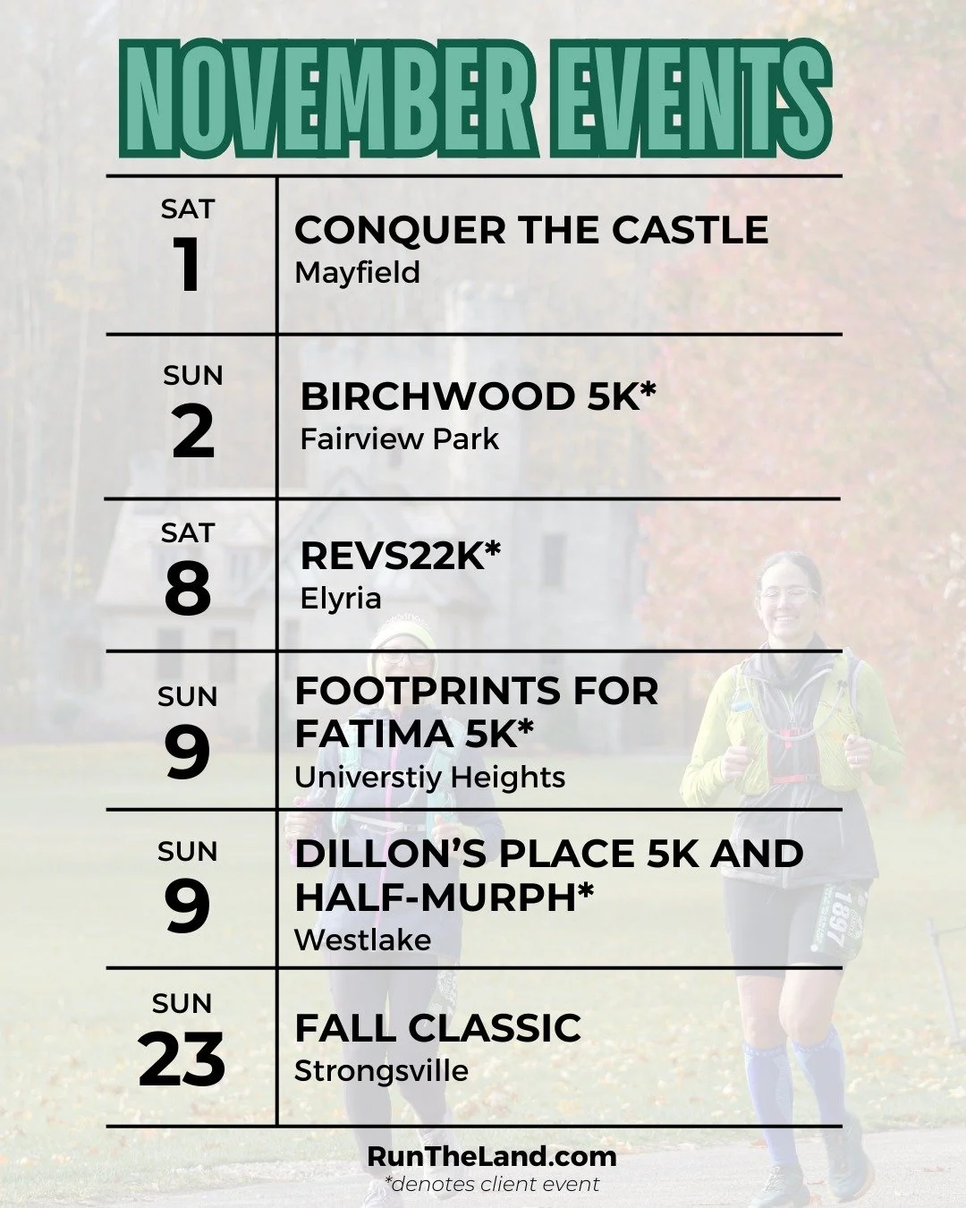 🍂 November is just around the corner!

Get ready to soak in the crisp air and vibrant fall foliage across Northeast Ohio with our upcoming trail and road racing options. 🏃&zwj;♀️🌳 Whether you love winding through the woods or chasing your next PR 
