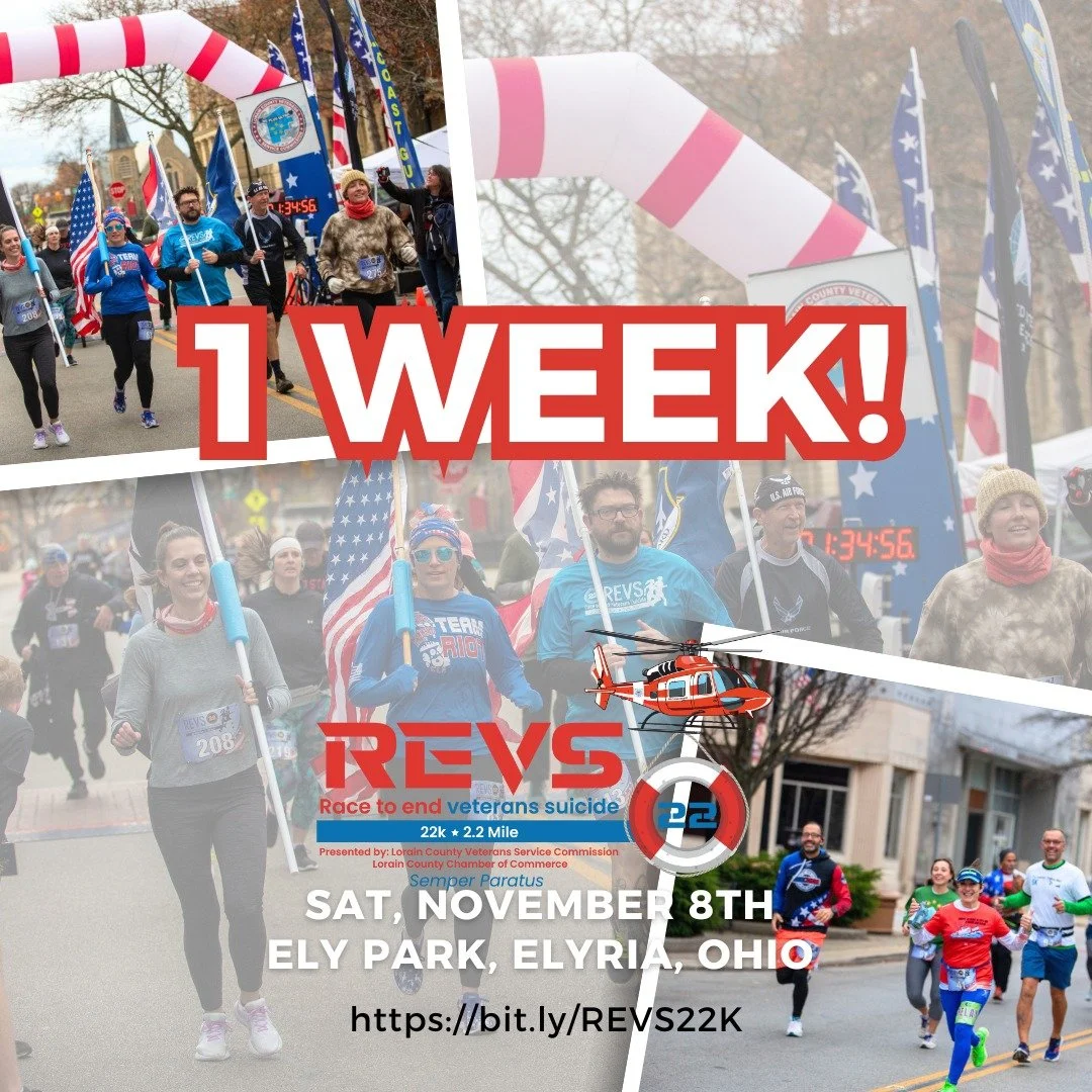 🇺🇸 One Week Until Race Day! 🇺🇸

The 4th Annual Lorain County REVS22K is almost here &mdash; happening Saturday, November 8th at Ely Park in Elyria, OH!

Choose your challenge:
🎖️ 22K Run or Ruck (USATF certified w/ 13.1-mile split)
🎖️ 11K Run o