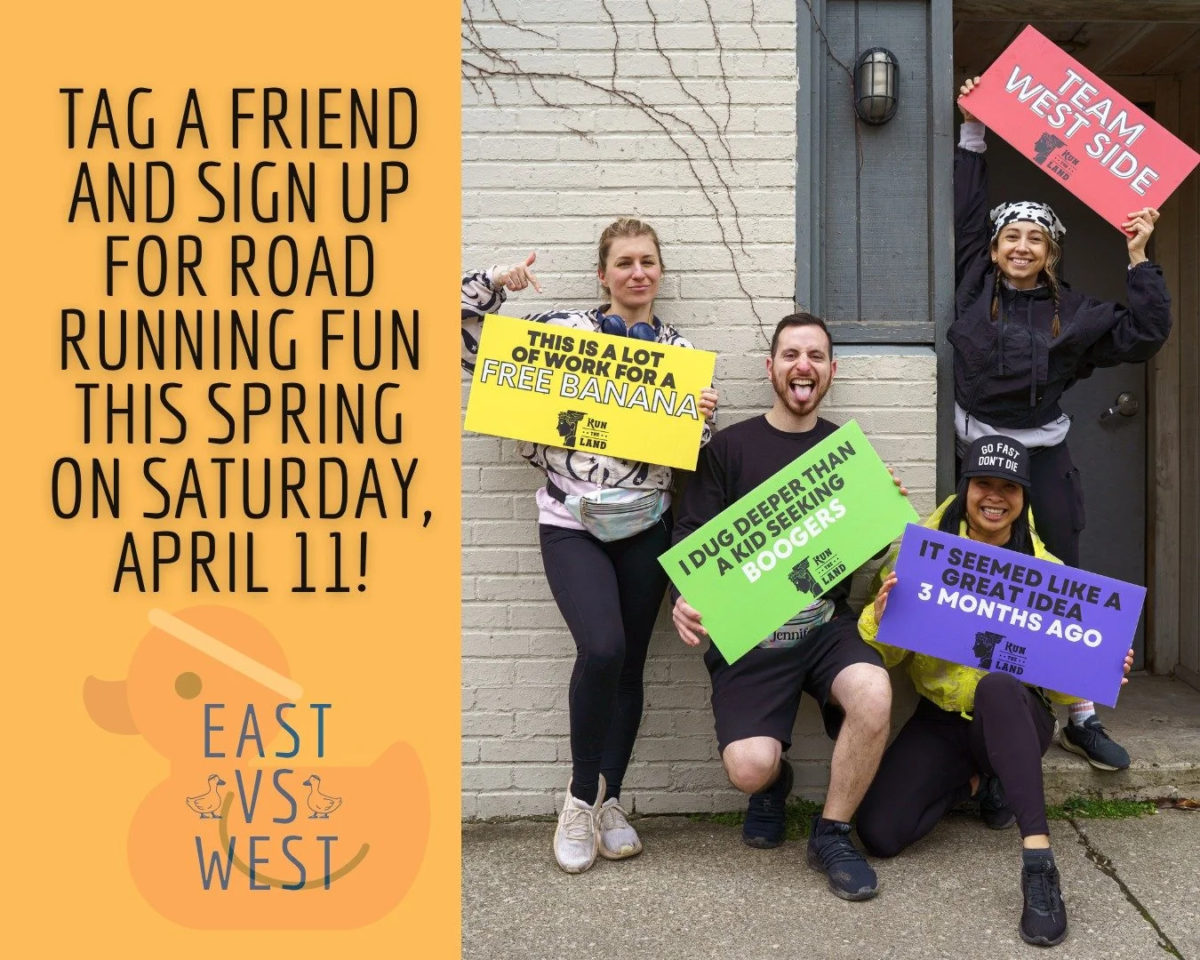 Running is ALWAYS more fun with friends 🏃&zwj;♀️🏃🏃&zwj;♂️

Tag a friend and get signed up for #EastvsWest on Saturday, April 11, 2026!

This road event offers a distance for all levels and abilities
✅ Marathon
✅ 20 Mile 
✅ Half Marathon
✅10K
✅5K

