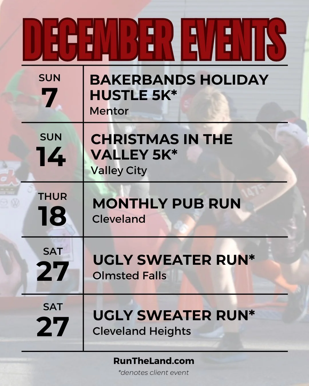❄️ December is here! 

It&rsquo;s time to bundle up, lace up, and embrace whatever weather Cleveland sends our way this month! From festive races to our monthly pub run, there are plenty of ways to stay active, stay social, and keep the holiday spiri