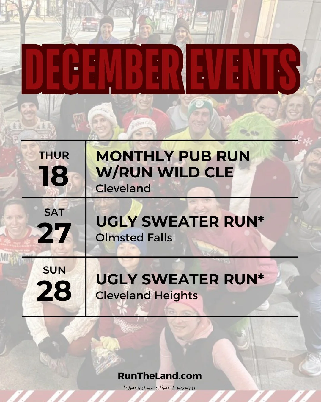 🎄 Lean into December with these festive upcoming events! ❄️

This Thursday, with the Candy Cane Run with @runwildcle &mdash; a fun, seasonal way to get some miles in and enjoy the holiday spirit. 🍬🏃&zwj;♀️

Then keep the celebrations going with th