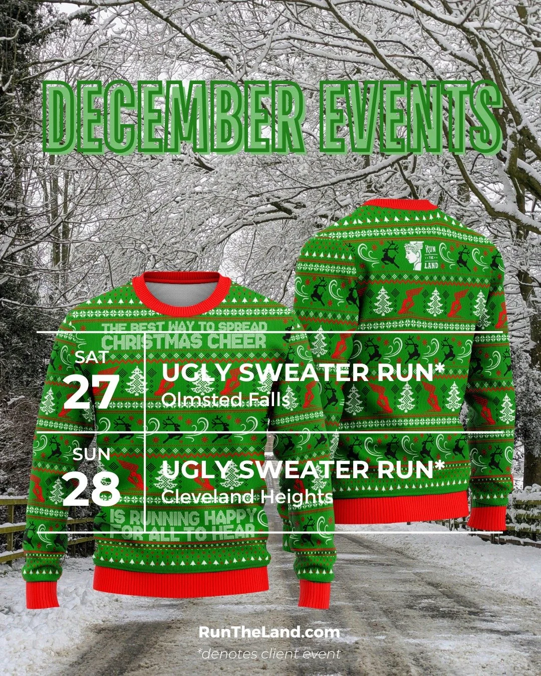 🎄 There are just TWO events left for 2025 &mdash; the Ugly Sweater Runs! 🎅

Don&rsquo;t miss your chance to wrap up the year with some festive fun this weekend:
📅 Saturday, December 27 &ndash; Olmsted Falls
📅 Sunday, December 28 &ndash; Cleveland