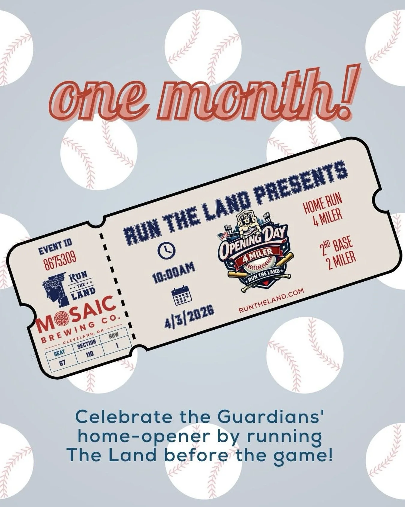 ⚾ ONE MONTH until the Opening Day 4 Miler! ⚾

Baseball season is calling&hellip; and there&rsquo;s no better way to kick it off than with miles 

Join us at @mosaicbrewingtremont before the Guardians home opener against the Cubs on Friday, April 3rd,