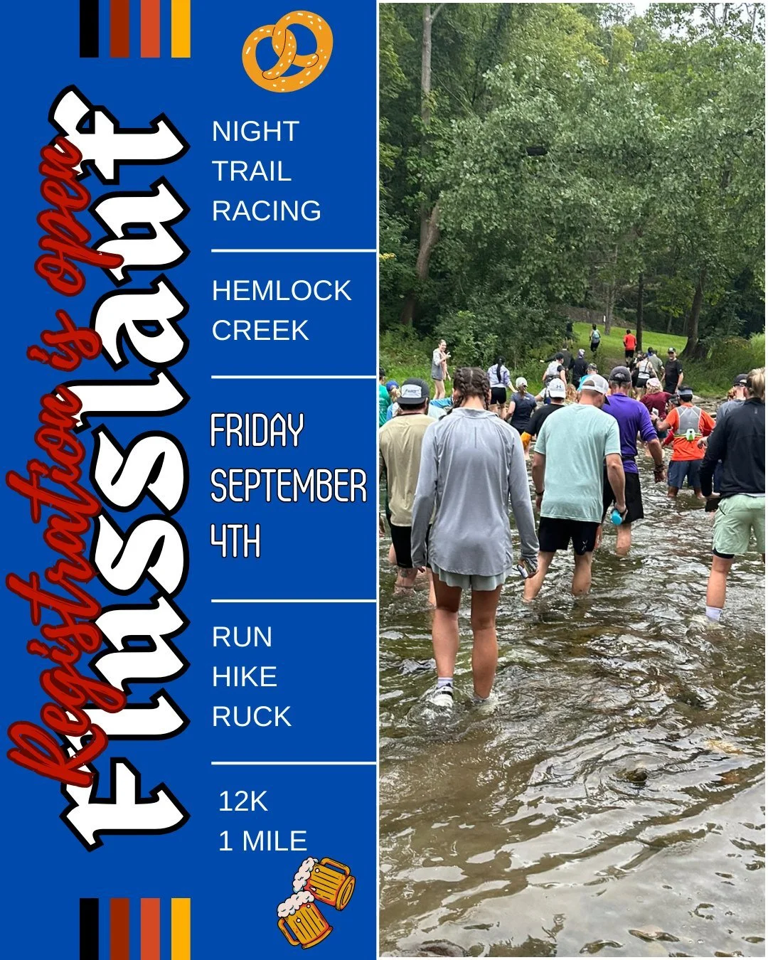 The second edition of Flusslauf is BACK! 🌙

Mark your calendars for Friday, September 4th, and get ready for a night of trail racing under the stars!

Return to the Hemlock Creek trails for an unforgettable evening of moon, miles, and music. Whether