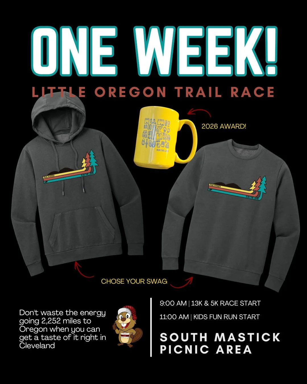 ⏳One week until race day! 🌲

The Little Oregon Trail Race is just ONE WEEK away! Are you ready to hit the trails at South Mastick in the Cleveland Metroparks Rocky River Reservation?

Choose your adventure:
🏃 5K &ndash; Fast, scenic, and beginner-f
