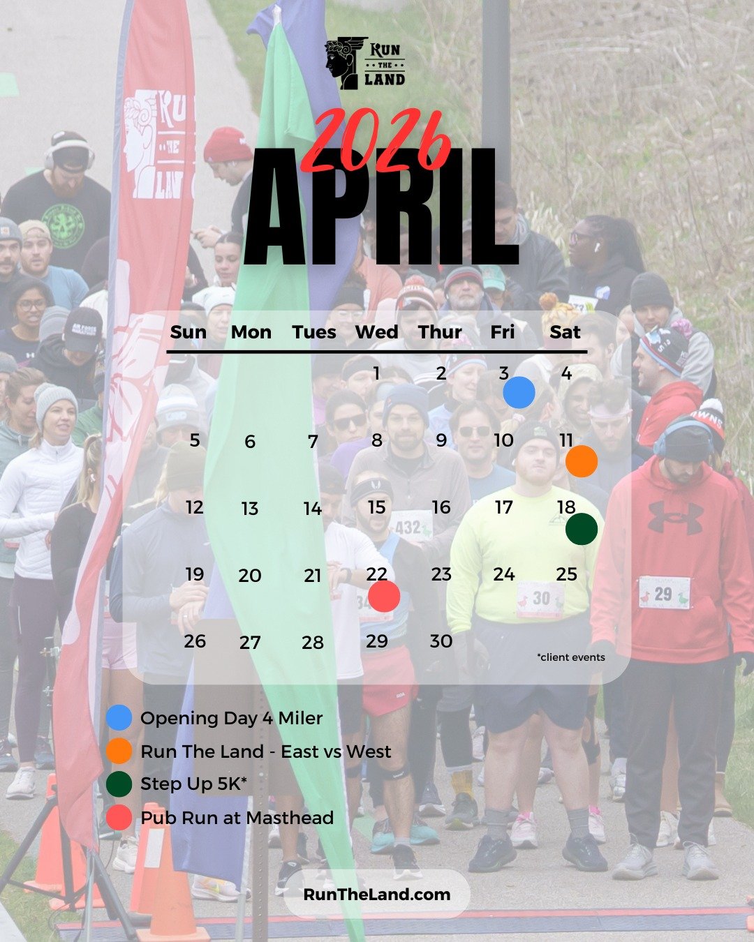 Spring has officially sprung! 🌸 

No matter the forecast, let's embrace the weather with our exciting lineup of upcoming events.

Ready to hit the road? Check out our full April schedule now and plan your next adventure!

➡ runtheland.com

See you o