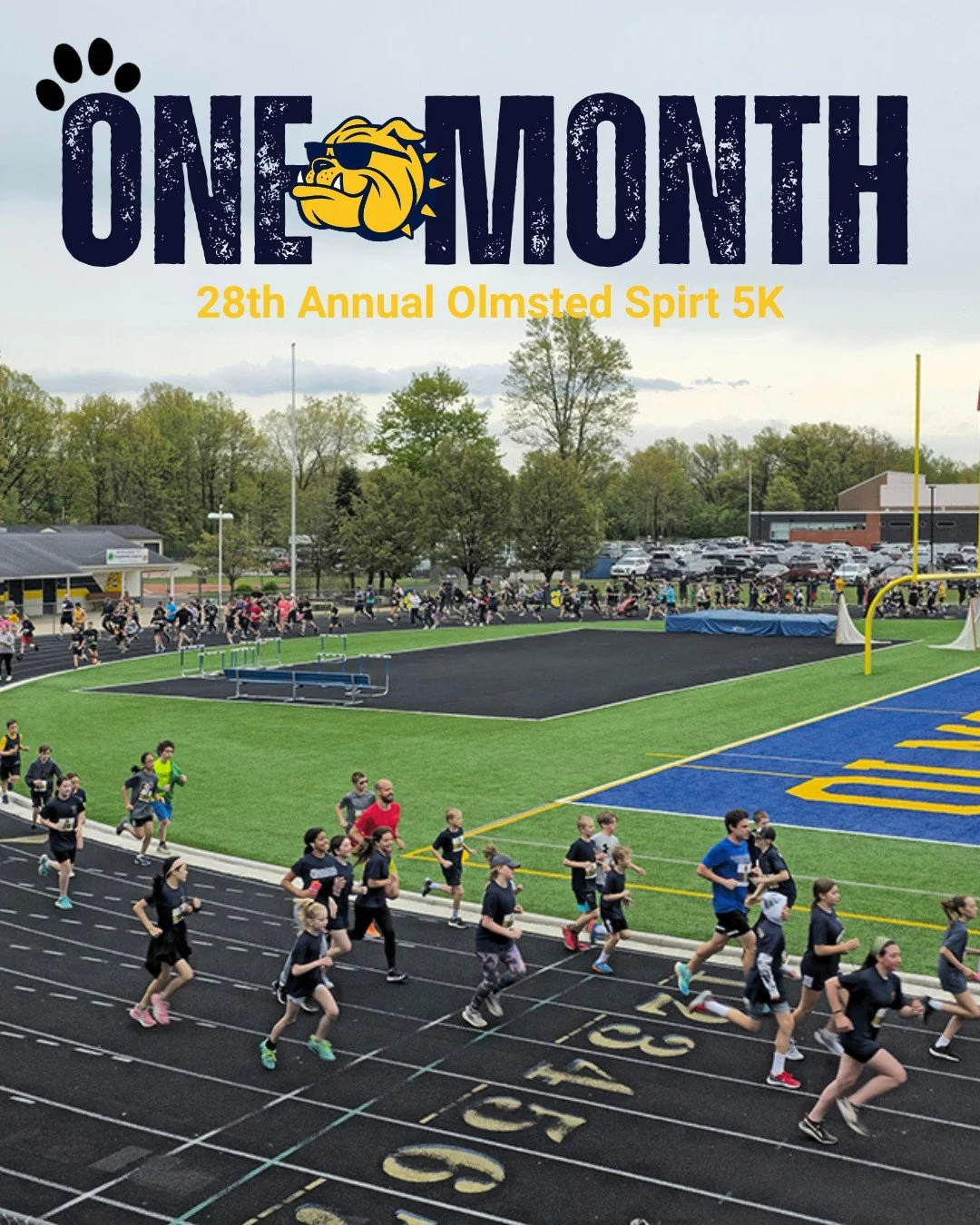 🏃&zwj;♀️💙💛 One month until the 28th Annual Olmsted Spirit 5K! 
Bring your Olmsted pride and get ready for a morning of running, community, and fun.
Let&rsquo;s celebrate 28 years of fitness, friendship, and Bulldog spirit!

Register today and join