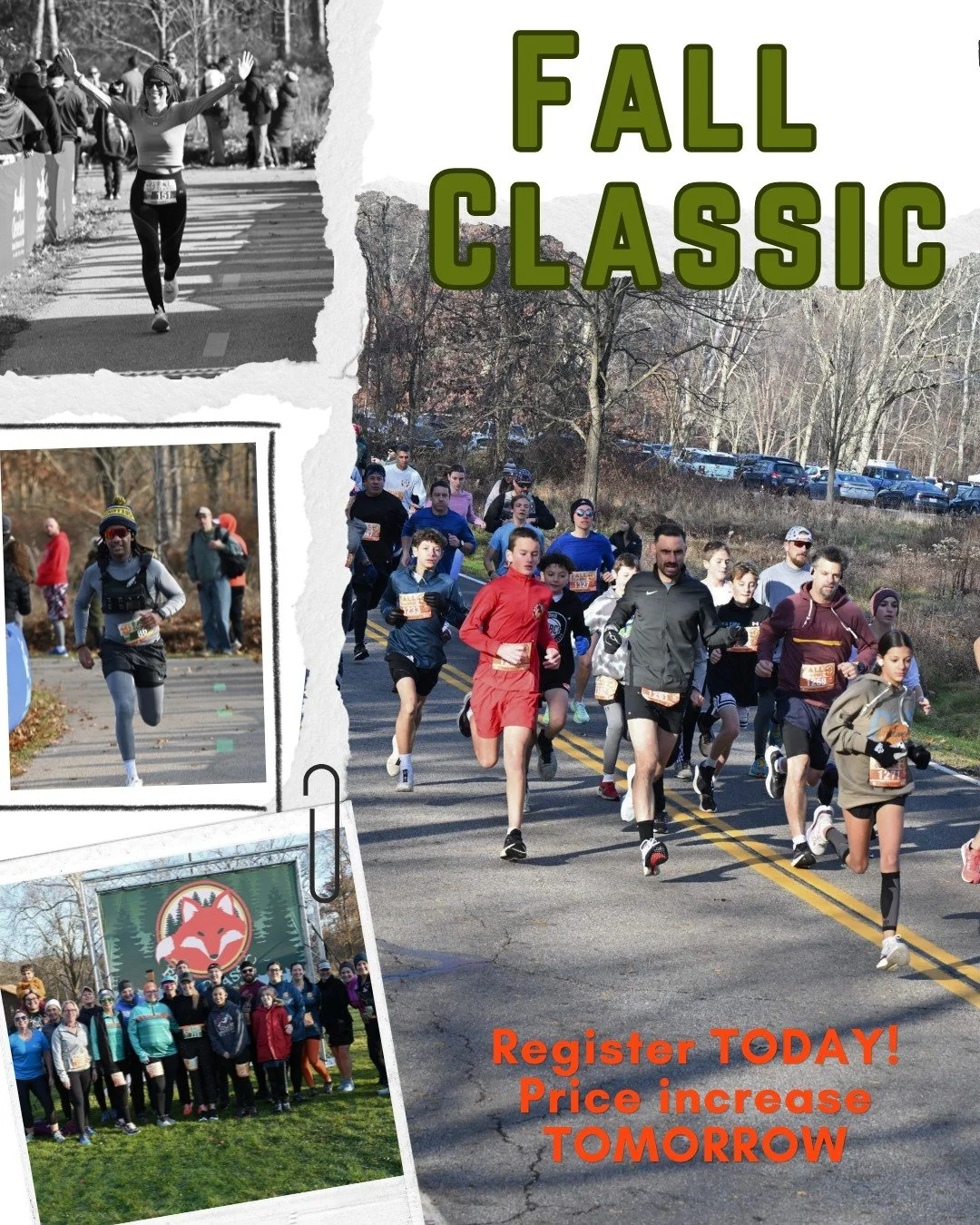 🚨 Last day before the price increase! 

If the Fall Classic is on your fall race calendar, now&rsquo;s the time to hit that register button.

Choose your fall racing goal!
🏃&zwj;♀️ 5K
🏃 Half Marathon
🏃&zwj;♀️🏃 Relay
🦊 Foxy Challenge

See you at