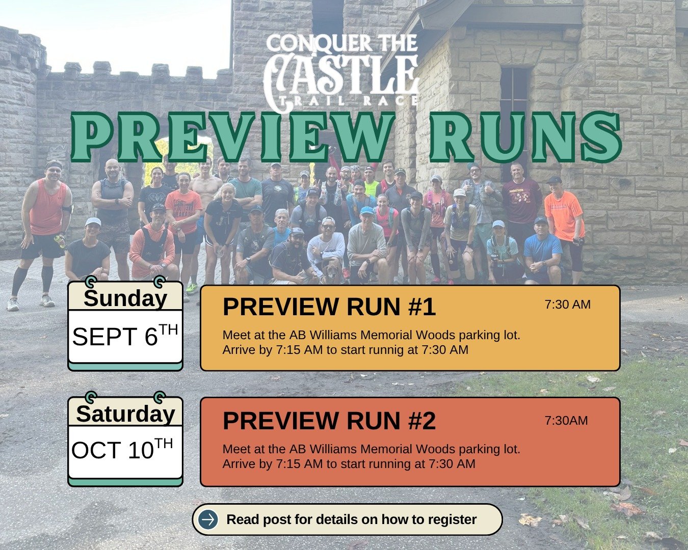 📜 Hear ye, brave adventurers of the trail! 📜

Preview Runs return to the realm for Conquer the Castle! 

⚔️ Preview Run #1 | Sunday, September 6th
⚔️ Preview Run #2 | Saturday, October 10th

Gather thy companions, lace up thy boots, and prepare to 