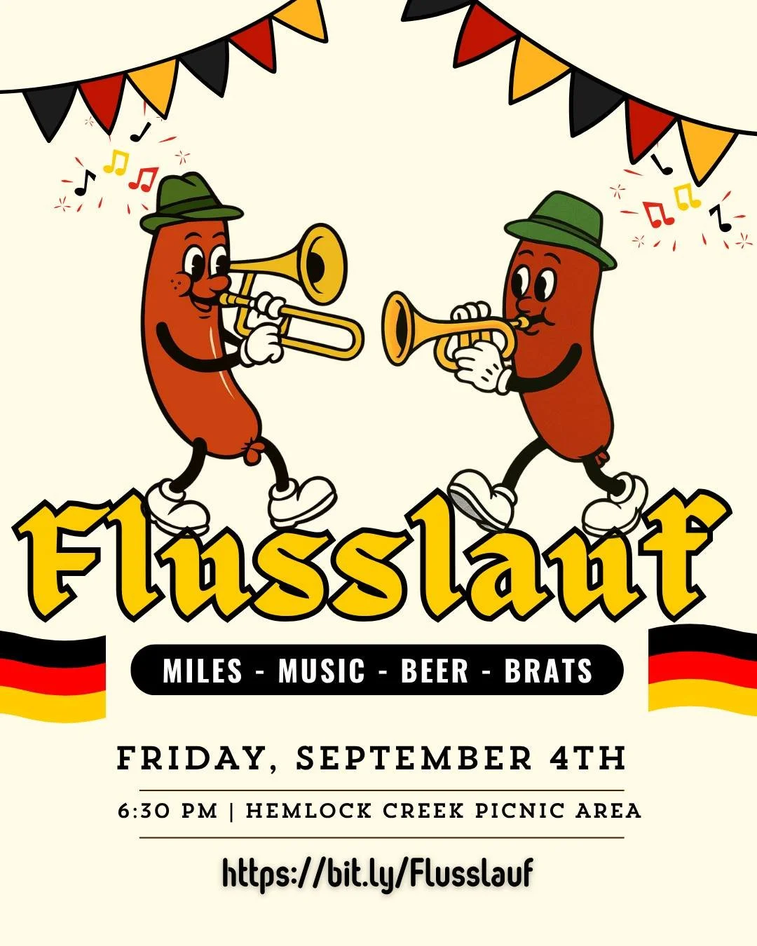 4 months until Flusslauf! 
Miles, music, beer, &amp; brats &mdash; what&rsquo;s not to love about evening trail racing? 🎶🌭🍻🇩🇪

Will we see you on September 4th at the Hemlock Creek picnic area?
 Lace up and join the fun!
Click the link in our bi