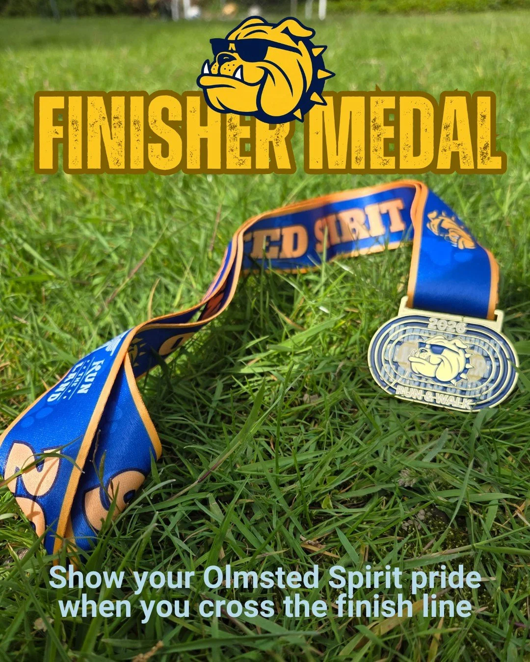 Show Your Bulldog Pride at the Finish Line! 💙💛

Cross the finish line in style this year &mdash; and earn the custom Olmsted Spirit 5K p/b Olmsted Auto Care finisher medal! This year&rsquo;s design is packed with Bulldog pride, featuring navy, gold