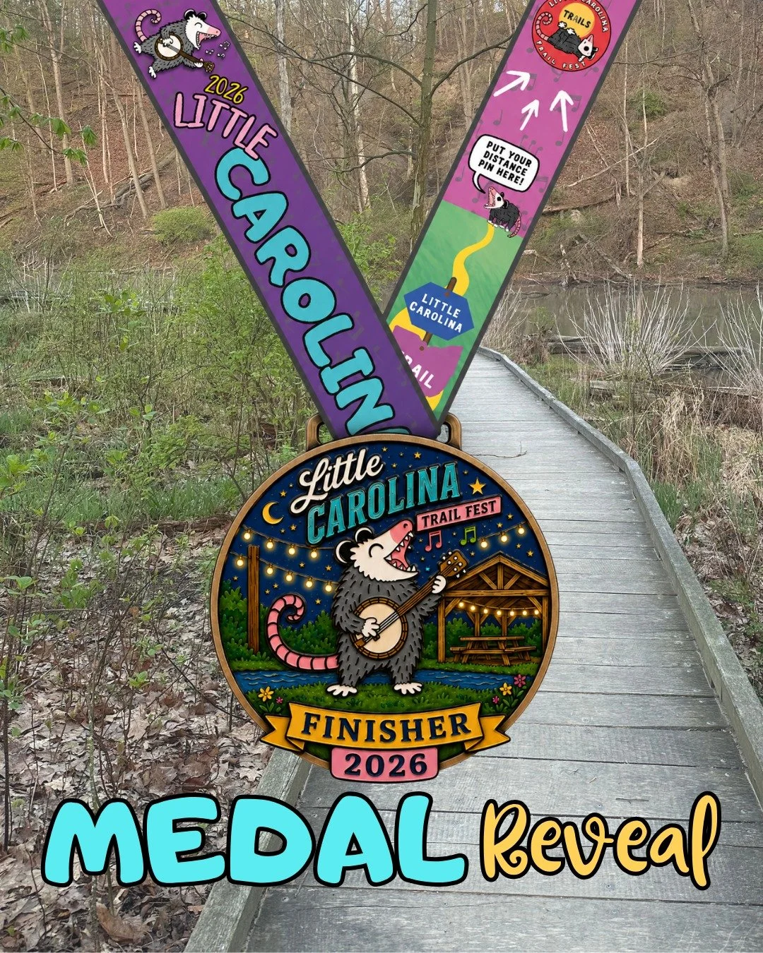 The 2026 Little Carolina Trail Fest finisher medal is HERE! 🌙🏅

We&rsquo;re bringing all the nighttime trail magic to this year&rsquo;s medal &mdash; think glowing lagoon vibes, live bluegrass music, and our favorite possum who refuses to miss the 