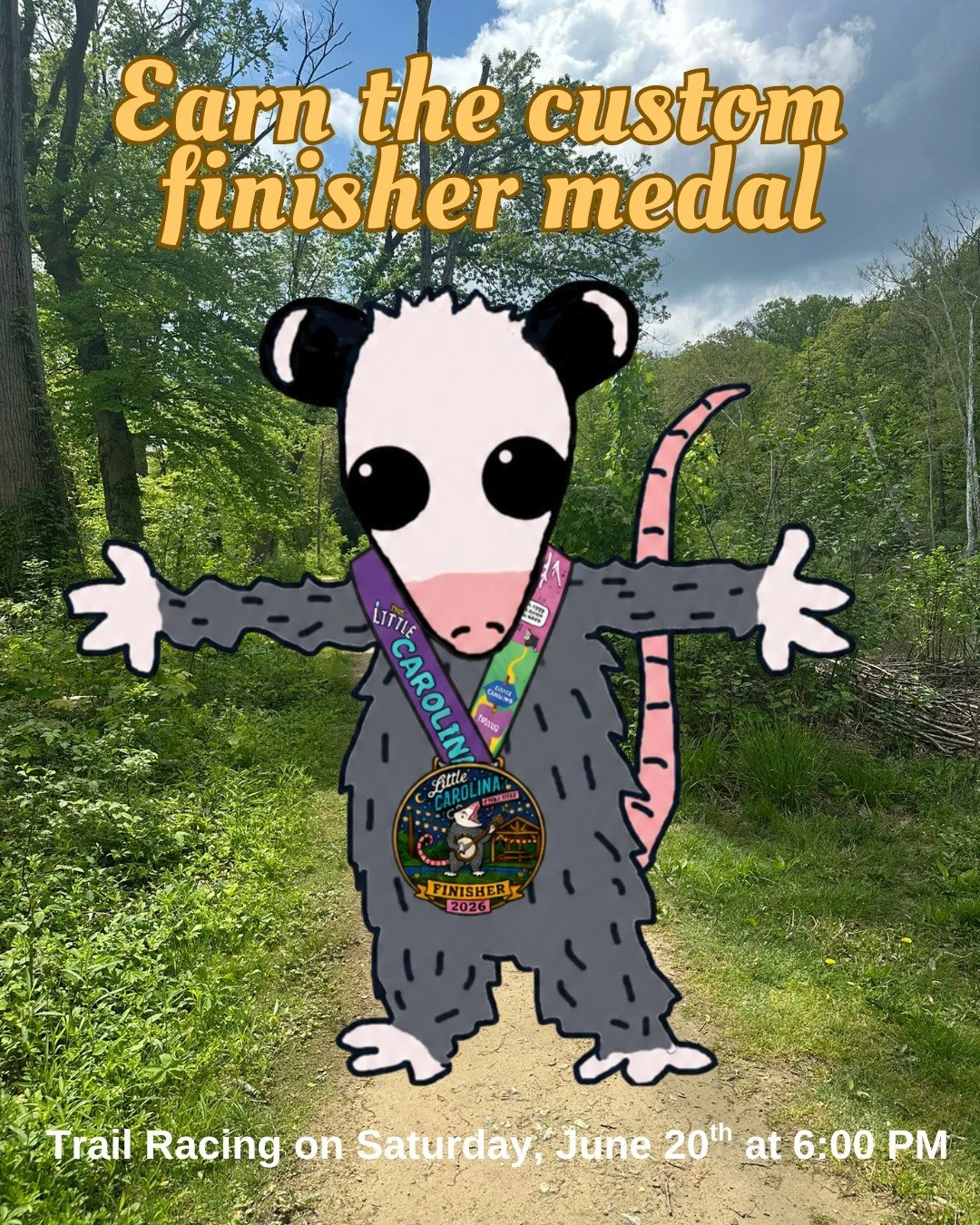 Earn the 2026 Little Carolina Trail Fest finisher on Saturday, June 20th🌙🏅

We&rsquo;re bringing all the nighttime trail magic to this year&rsquo;s medal &mdash; think glowing lagoon vibes, live bluegrass music, and our favorite possum who refuses 