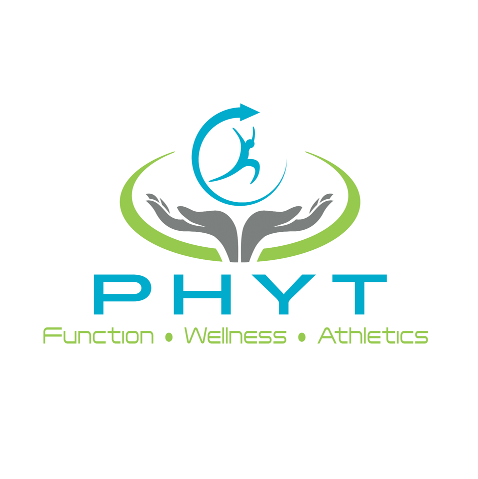 Logo for PHYT featuring hands, a figure jumping with a circular arrow, and text for Function, Wellness, and Athletics.