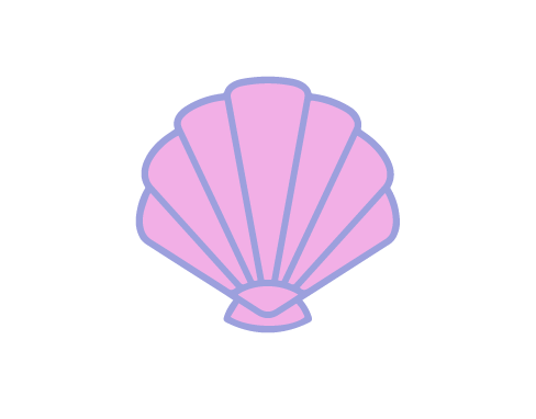 Light pink and purple stylized seashell graphic.