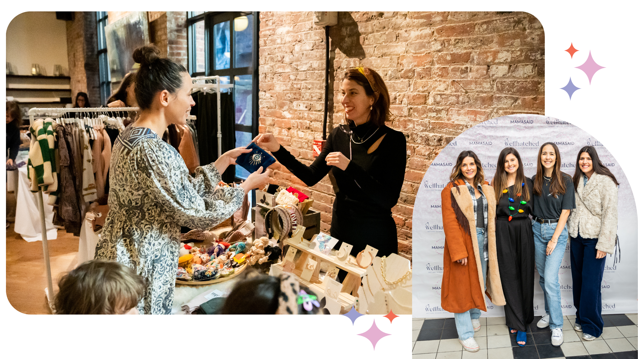 Women shopping at a boutique with jewelry and clothing displays, adjacent to a group photo of four women standing in front of a backdrop.