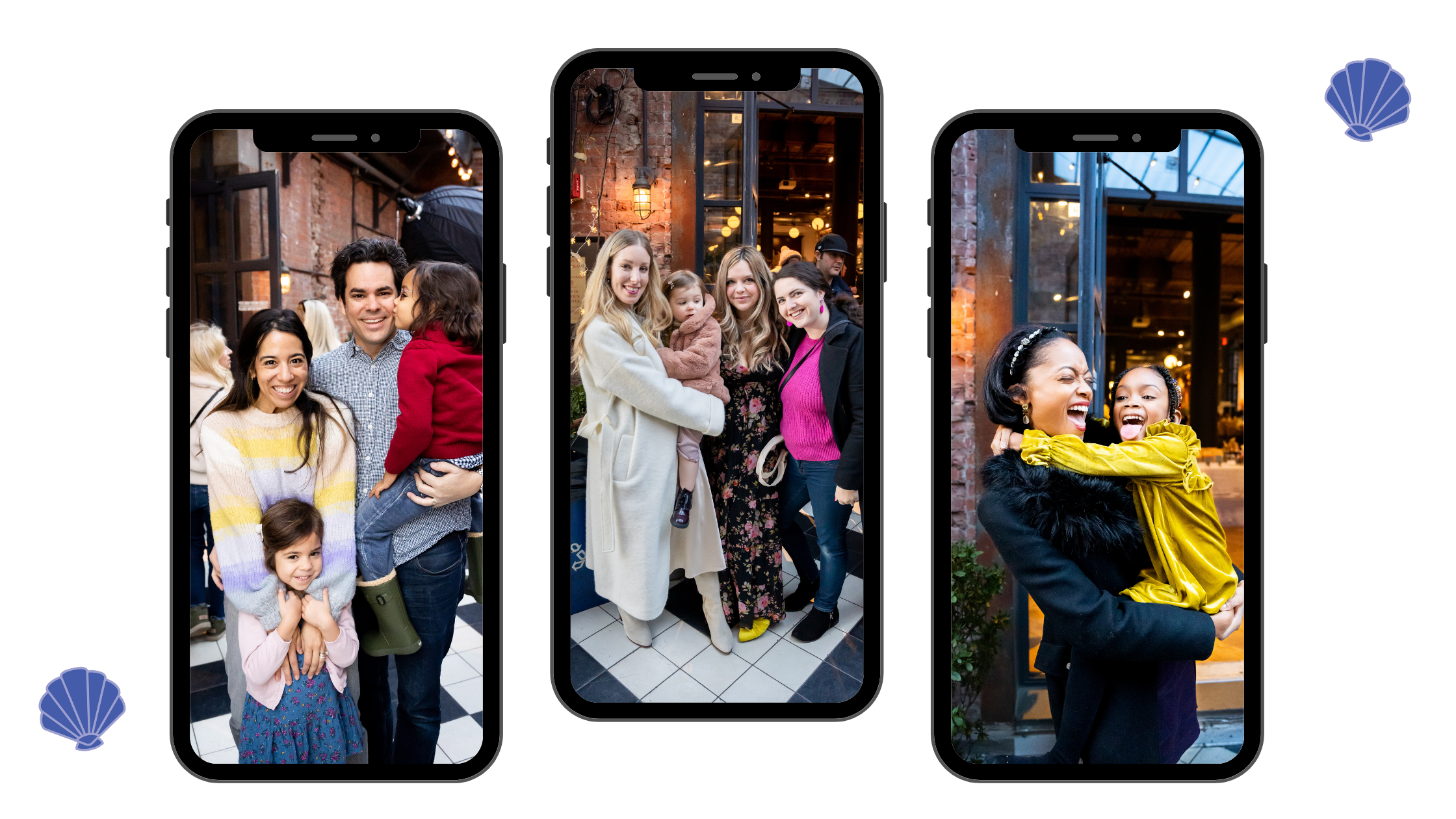 Three smartphone screens displaying group photos of diverse people enjoying social gatherings indoors and outdoors.