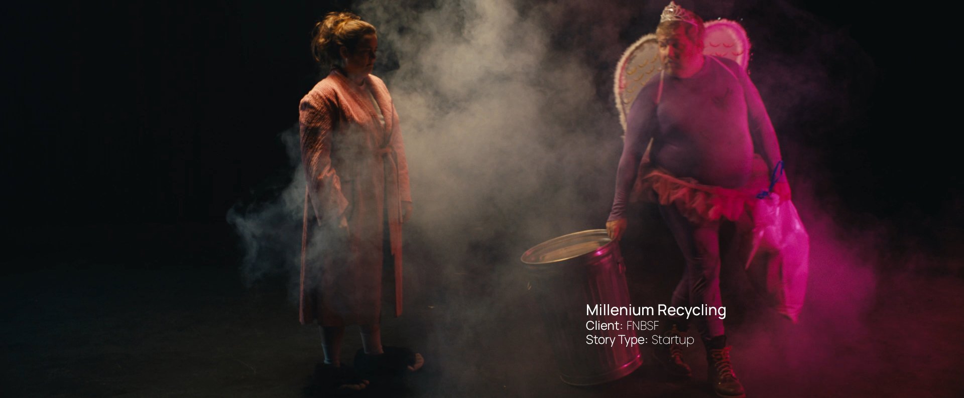 Performer in costume amid stage smoke, still from a Passenger Productions startup documentary for Millenium Recycling and First National Bank in Sioux Falls