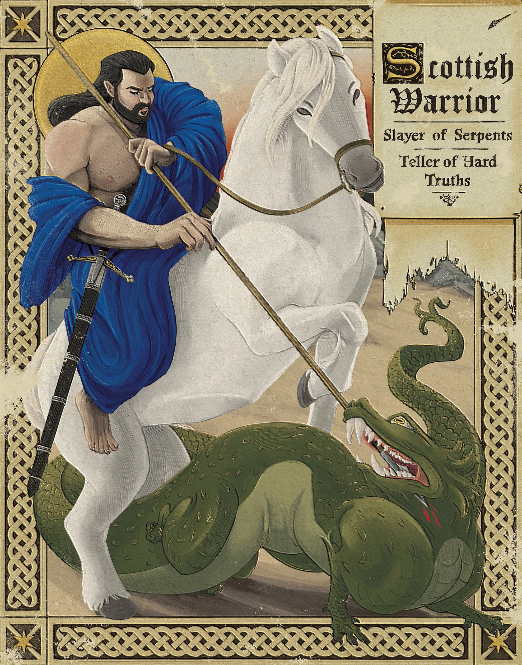 Gallantry
A medieval-inspired painting of wrestler Drew McIntyre mimicking images of Saint George. He sits on a rearing horse in a blue robe, a gold halo behind his head, sword sheathed at his side, as he spears the head of a serpent-like dragon on t