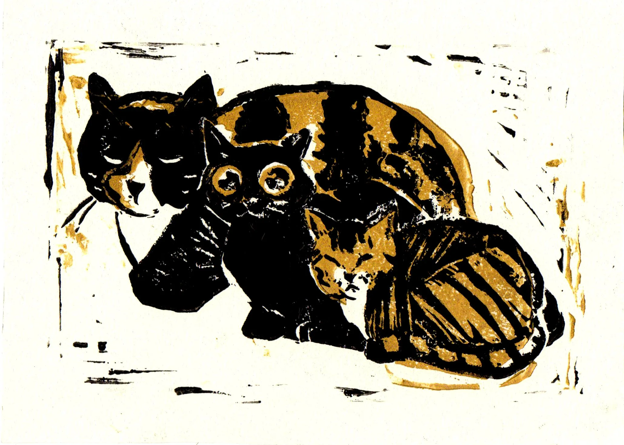 Nestled, 6x4 Linocut Print, Black and Gold Ink
Description: Three cats loaf next to each other from large to small- a fat resting calico, a black cat with wide eyes, and a little grumpy tabby with its eyes closed tight.