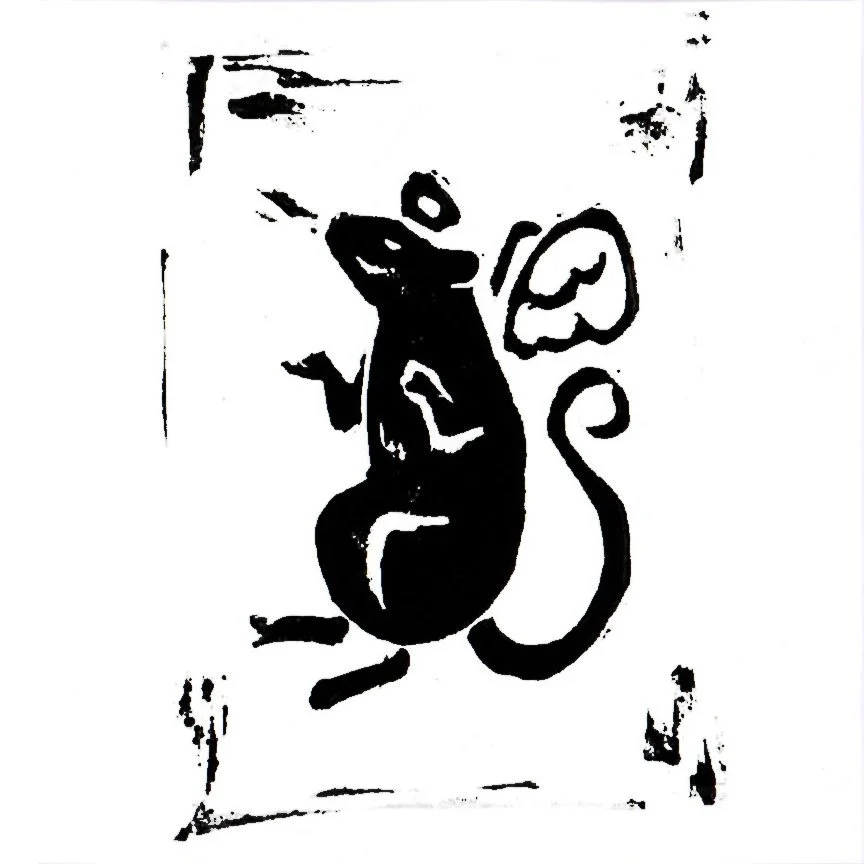 Rat Pack: Feathery Wings, 2 inch Linocut Print
Description: A rat with a halo and angel wings floats with a content smile