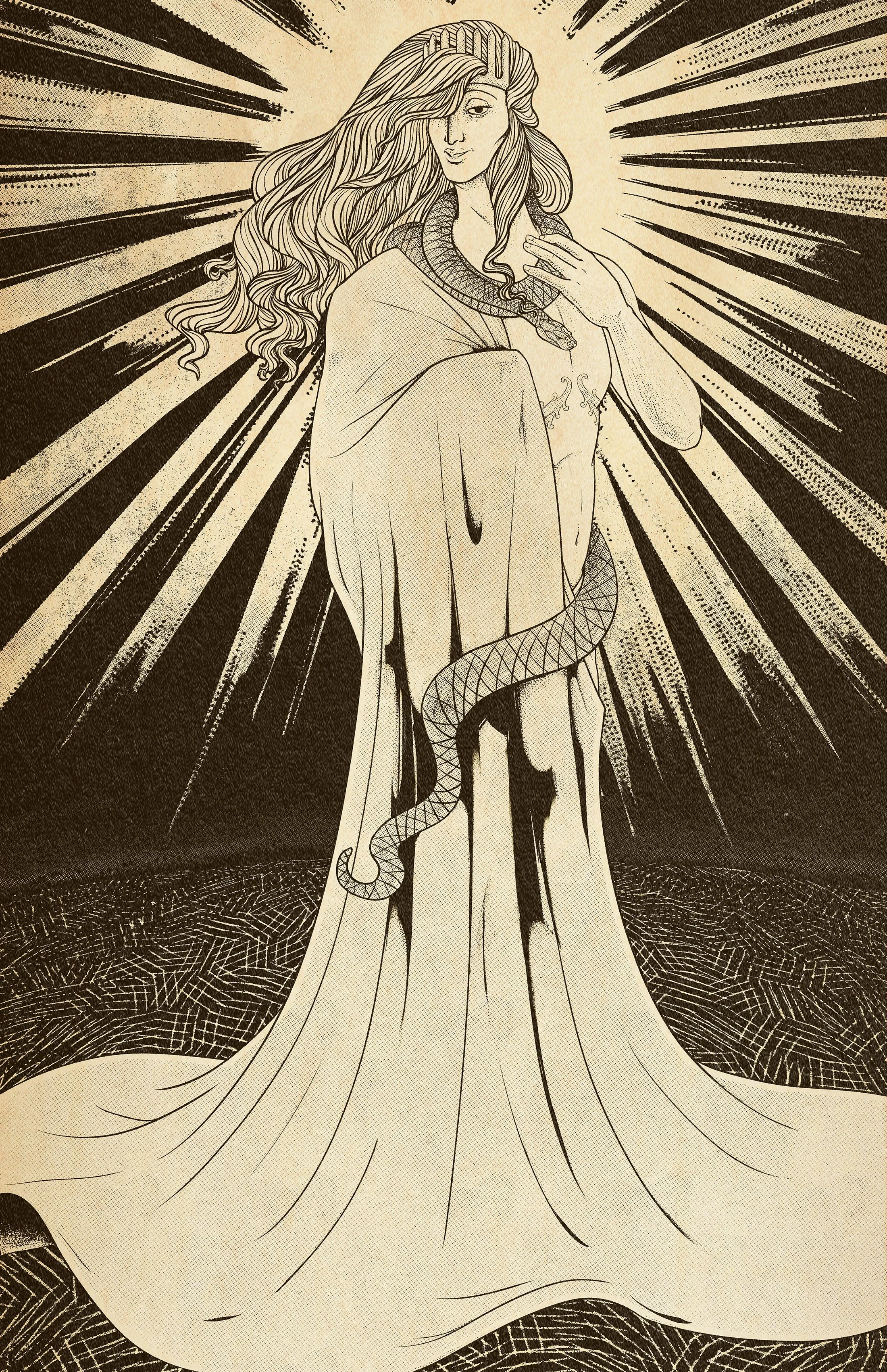 The New God
(Fan Art: Fear and Hunger)
A figure, draped in cloth and wrapped in a snake, stands elegantly in front of a burst of radiant light. A tall, sharp crown sits among his long, flowing hair.