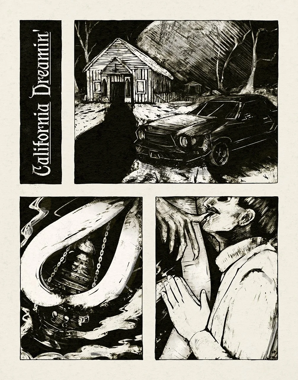 California Dreamin'
A wordless comic. The first panel shows a 1970's muscle car parked outside an old, shack-like church. The trees are bare, and grass peeks through the snow on the ground. The cross on the church is upside down. In the second panel,