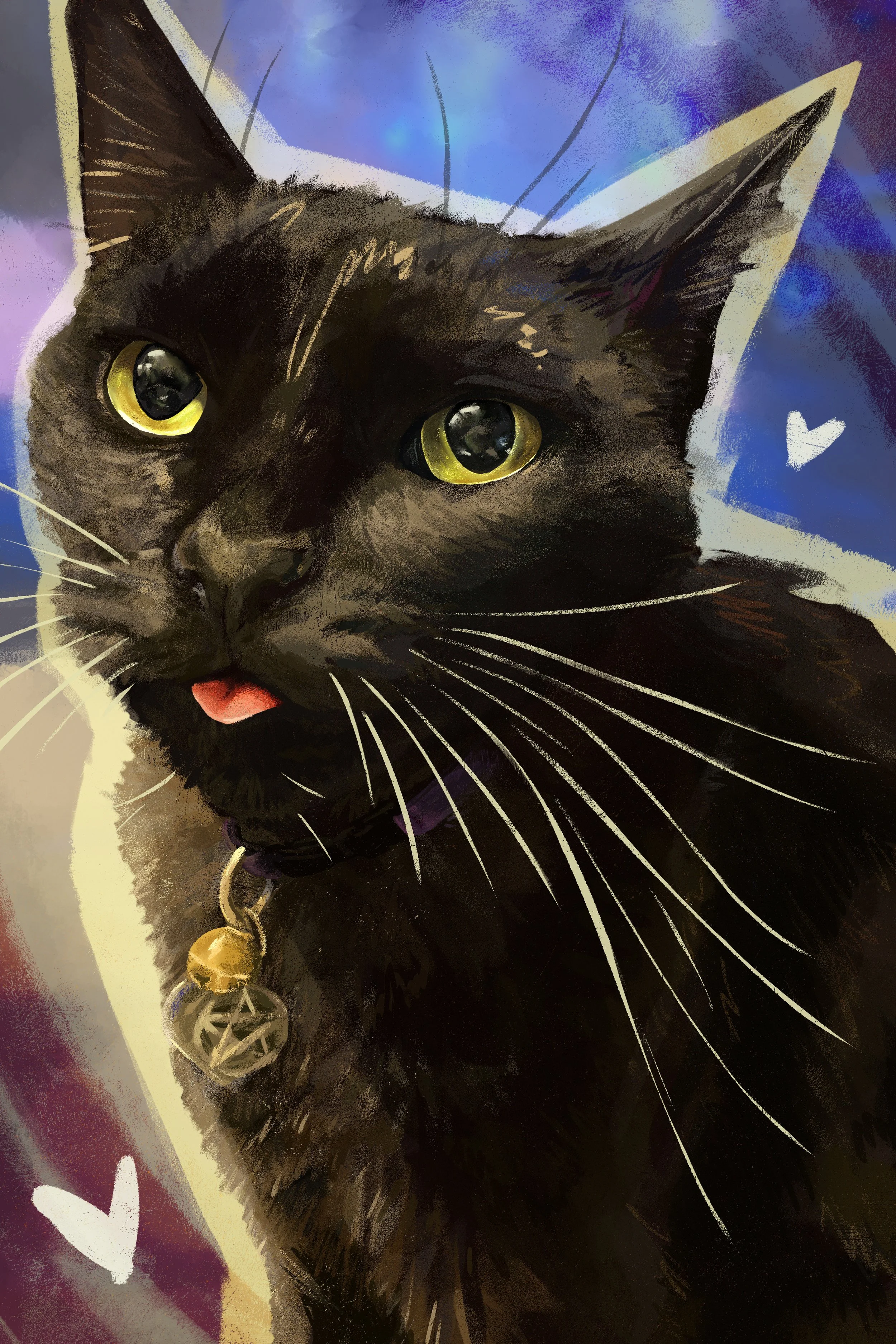 A painting of my black cat sticking her tongue out as she looks up at me. She is in front of a blue and purple graphic, gestural background with two little hearts.