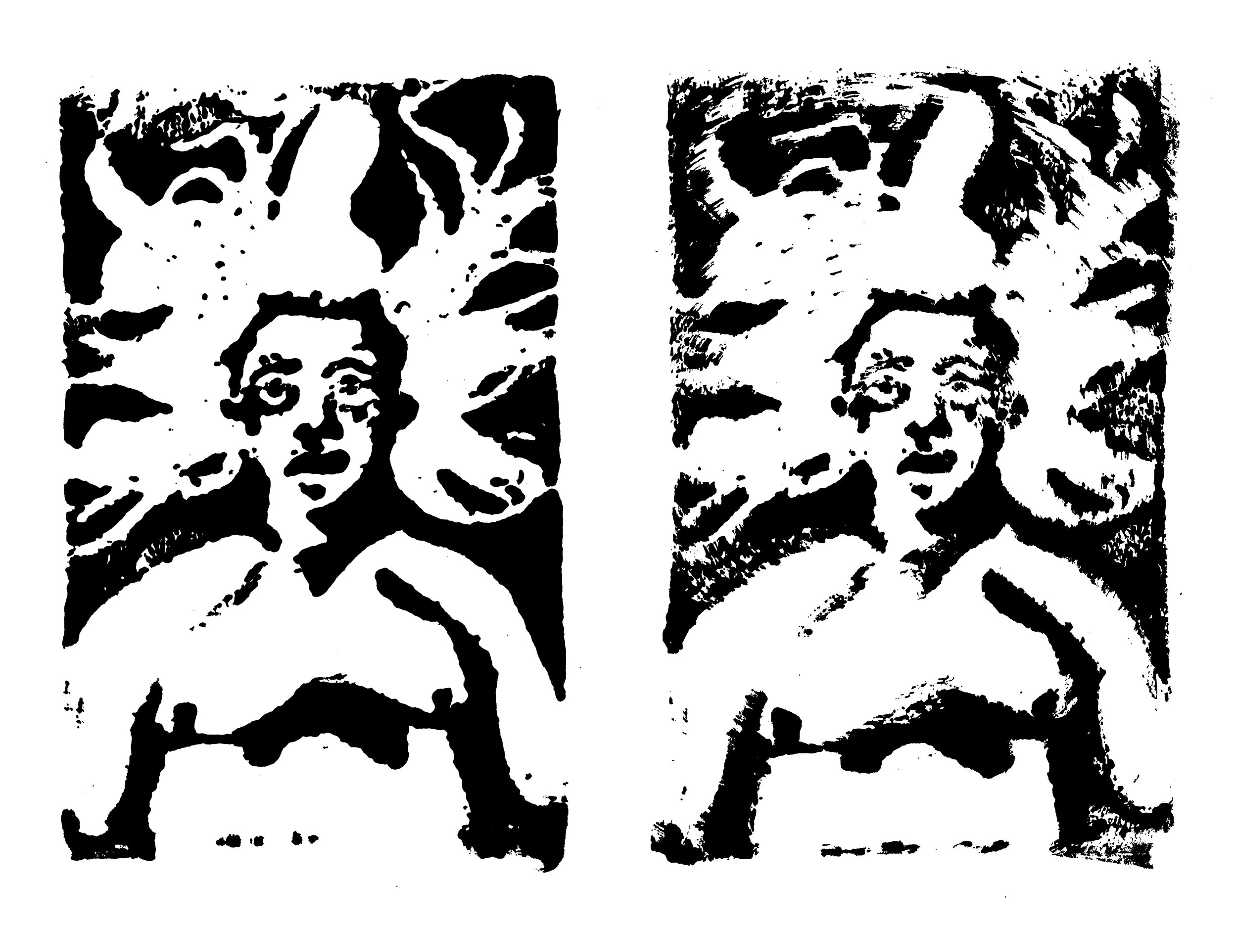 Return to the Lake, Series of 2 4x6 Linocut Prints
Description: A plump person with top surgery scars is seen from approximately the waist-up. Their eyes roll back as their mouth opens in shock. Long hair floats around them as if they are laying on w