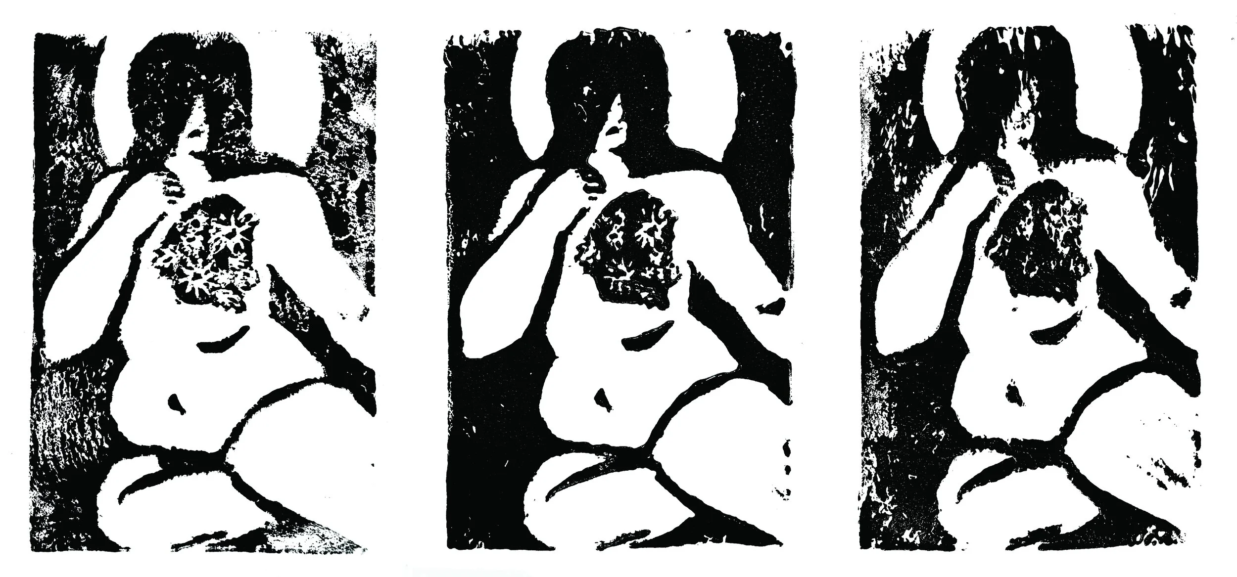 Into the Garden, Series of 3 4x6 Linocut Prints
Description: A nude curvy figure sits with a hand clutched to their chest. Long hair covers their eyes and the moon creates a halo around their head. A hole is where the left breast should be and flower