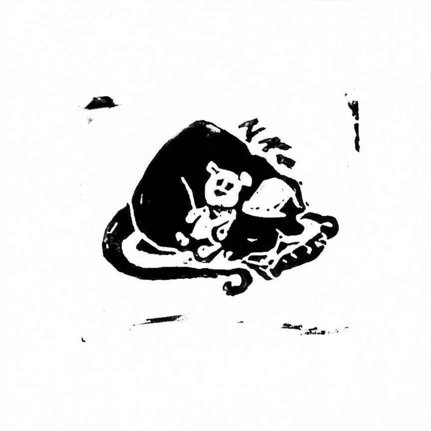 Rat Pack: Innocent, 2 inch Linocut Print
Description: A sleeping rat in a nightcap rests its head on a pillow, cuddling a small teddy bear