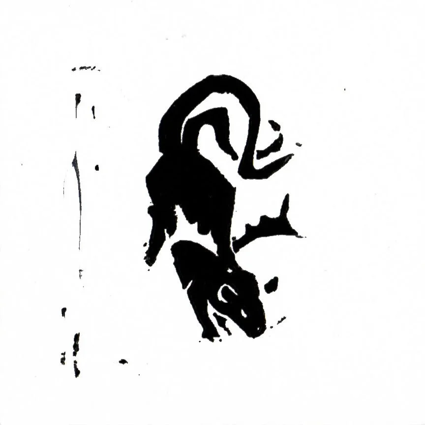 Rat Pack: Raised by Bats, 2 inch Linocut Print
Description: A two-tailed rat with small bat wings swoops downward