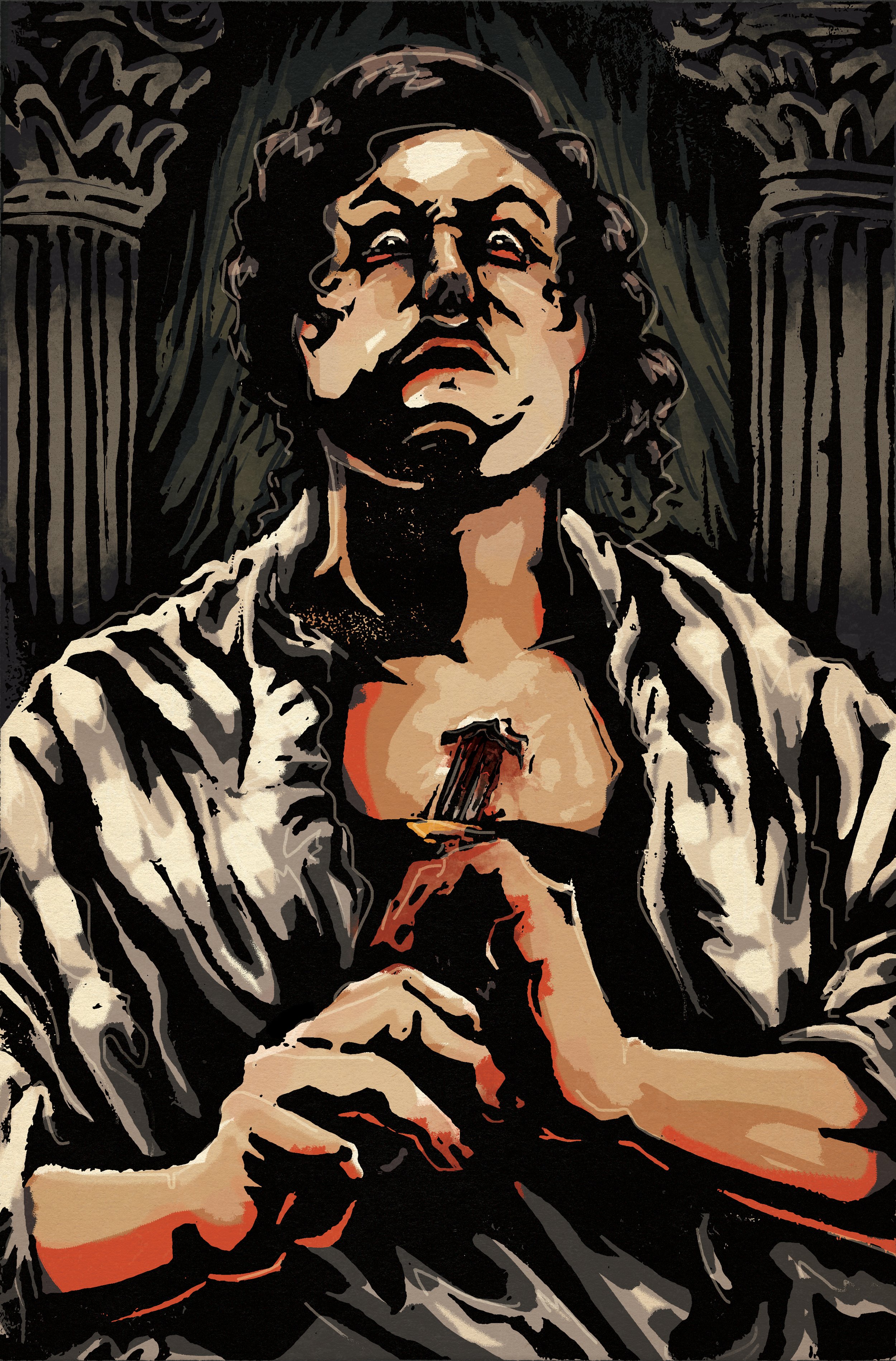 Lucretia
Harsh black shadows illuminate a robed woman looking down at the audience as she stabs a small knife into her chest.